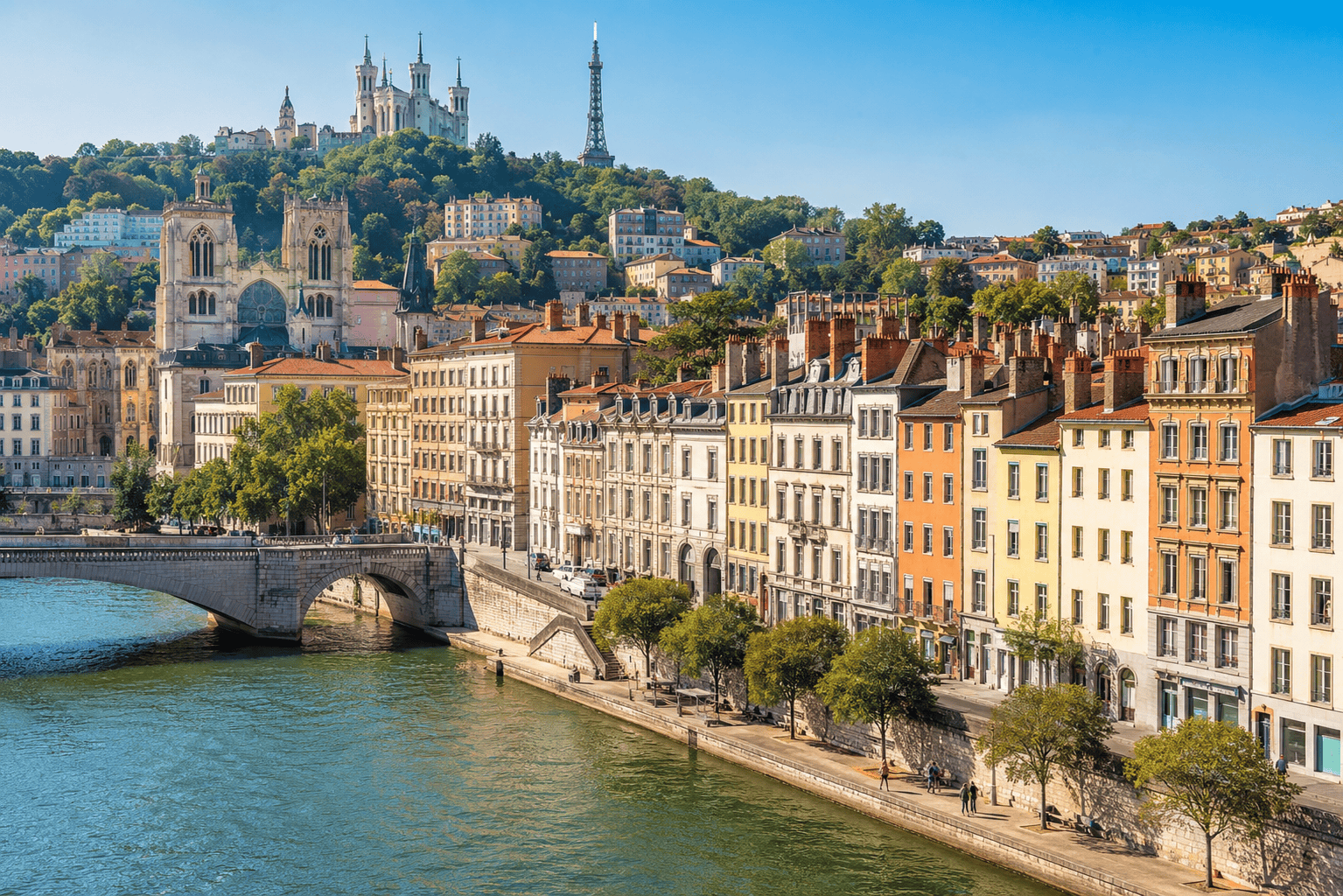 Scenic Lyon cityscape by the river near central neighborhoods