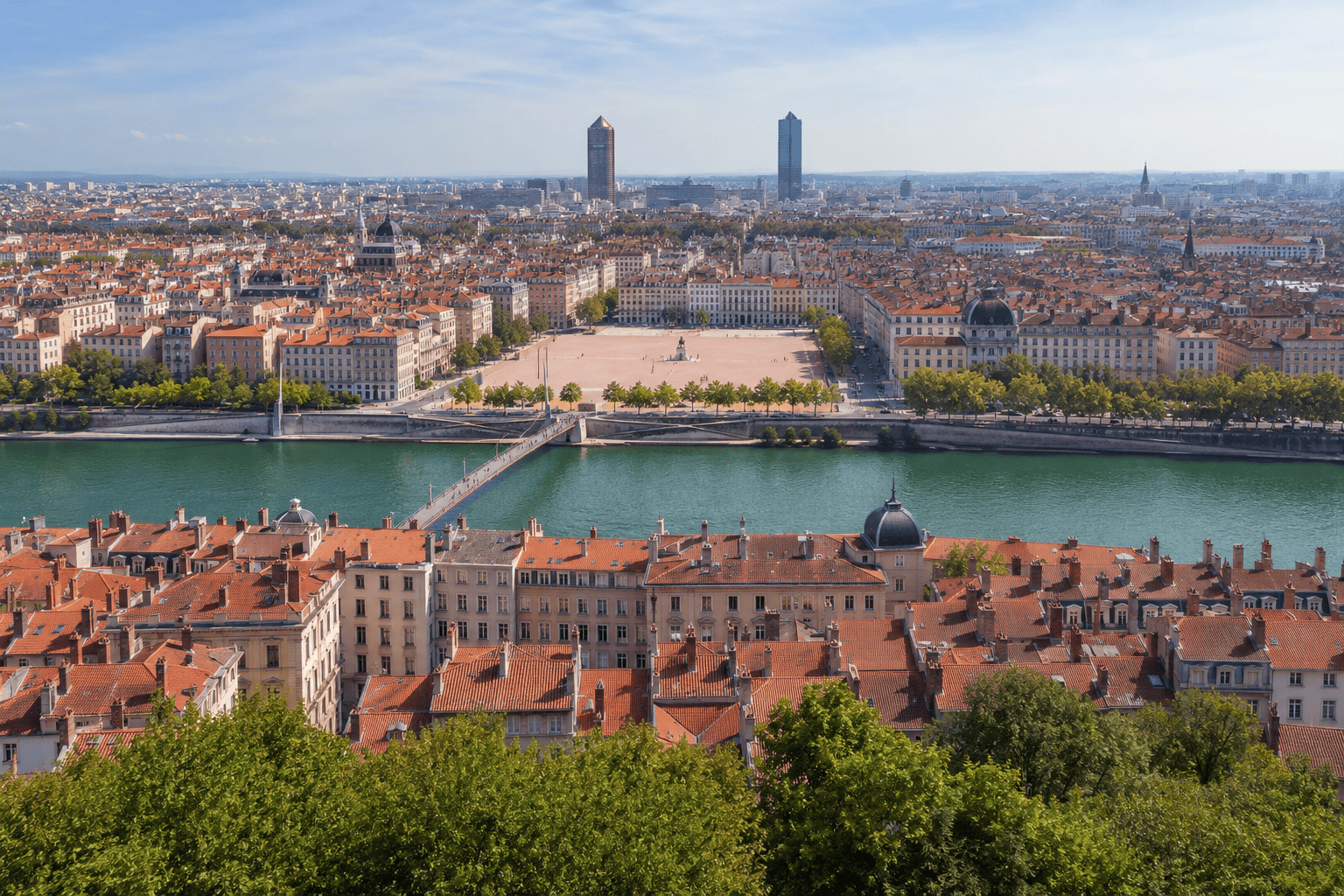 Generated image: Panoramic cityscape with river and plaza