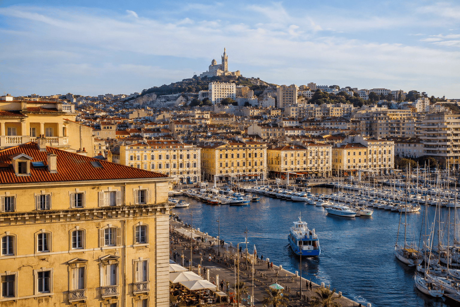 Mediterranean harbor in Marseille under golden light