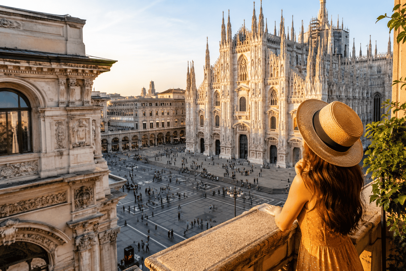 Golden hour view over Milan cathedral square near the Duomo