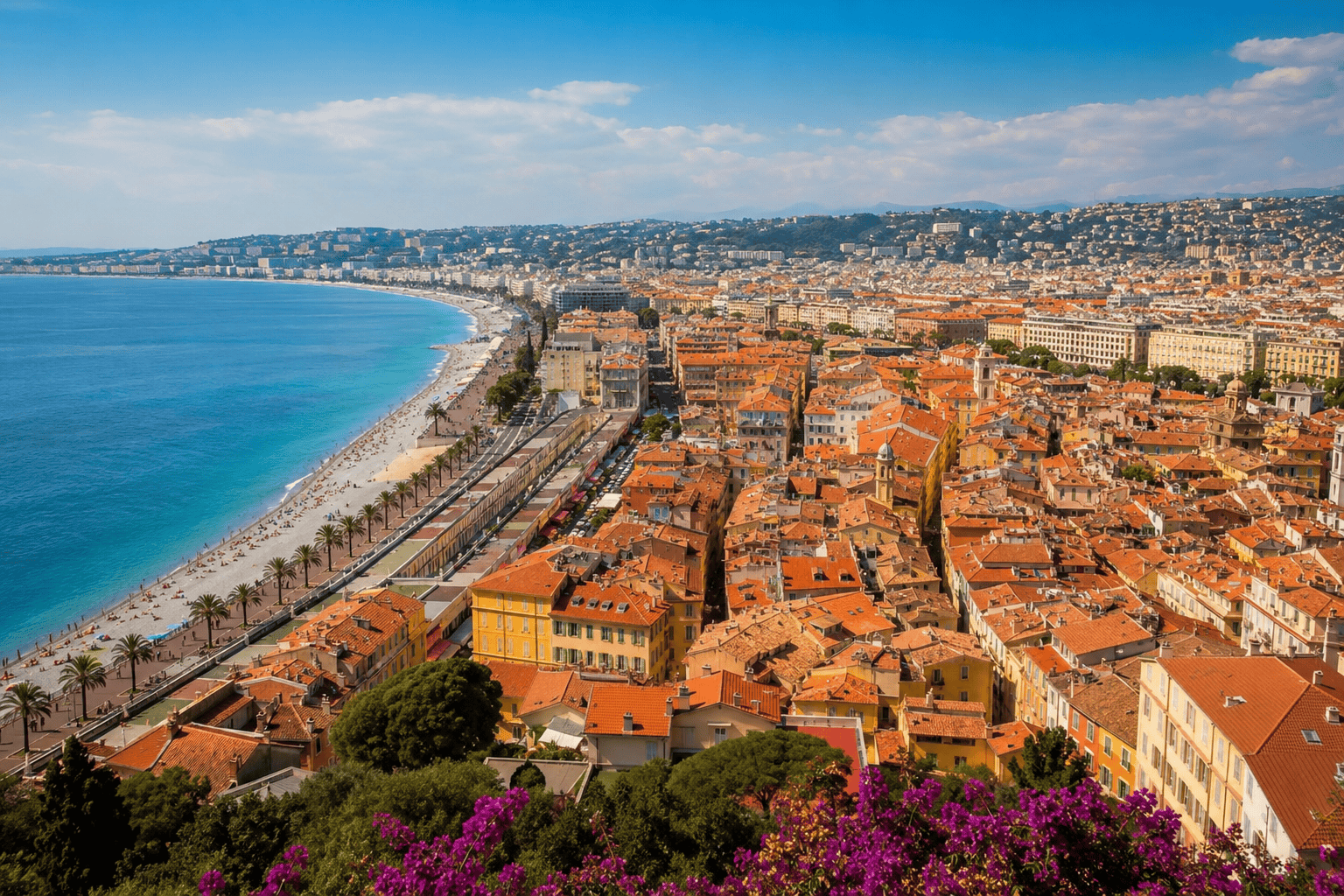 Coastal view of Nice with promenade and beach, useful for choosing where to stay in Nice
