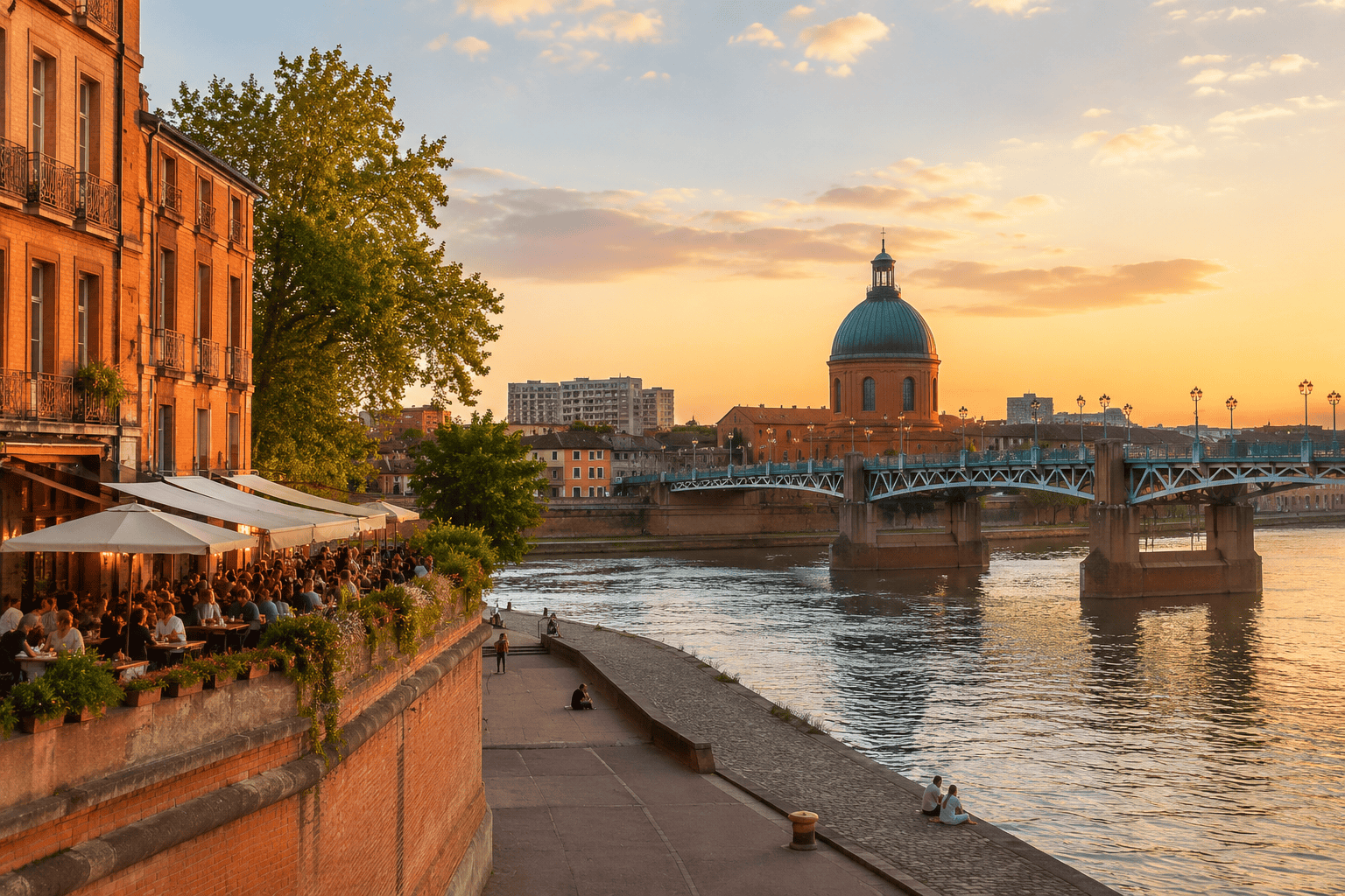 Golden hour by the riverside in Toulouse, France