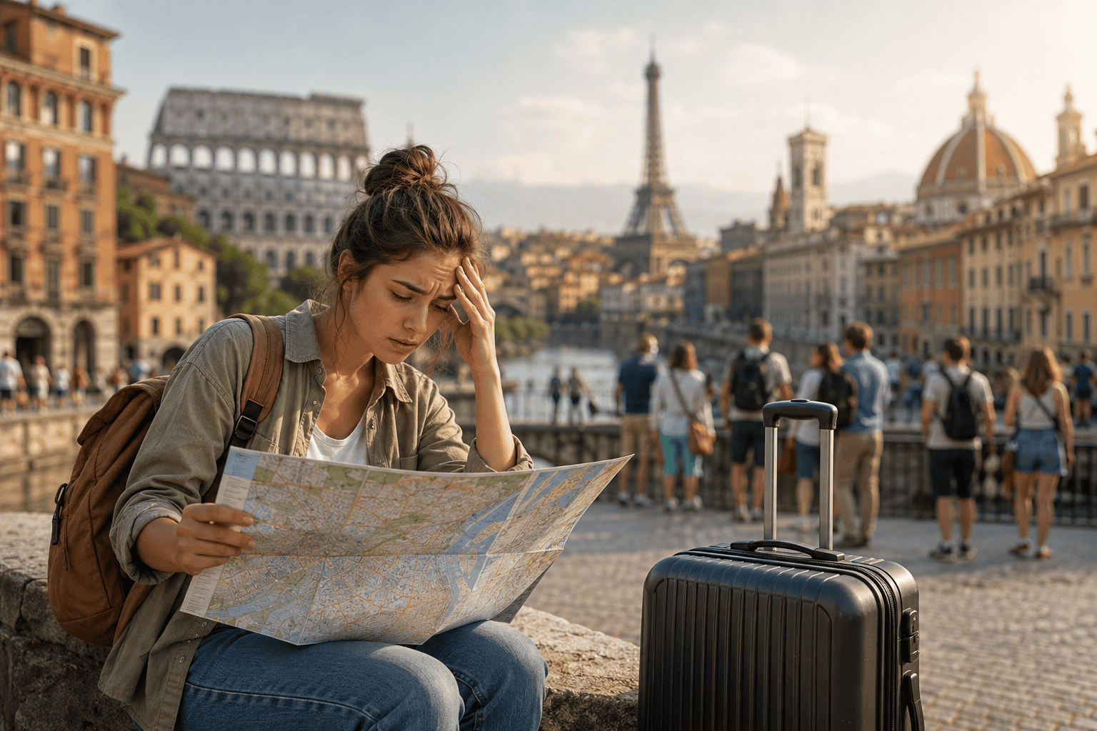 Traveller looking overwhelmed while planning too many Europe city stops