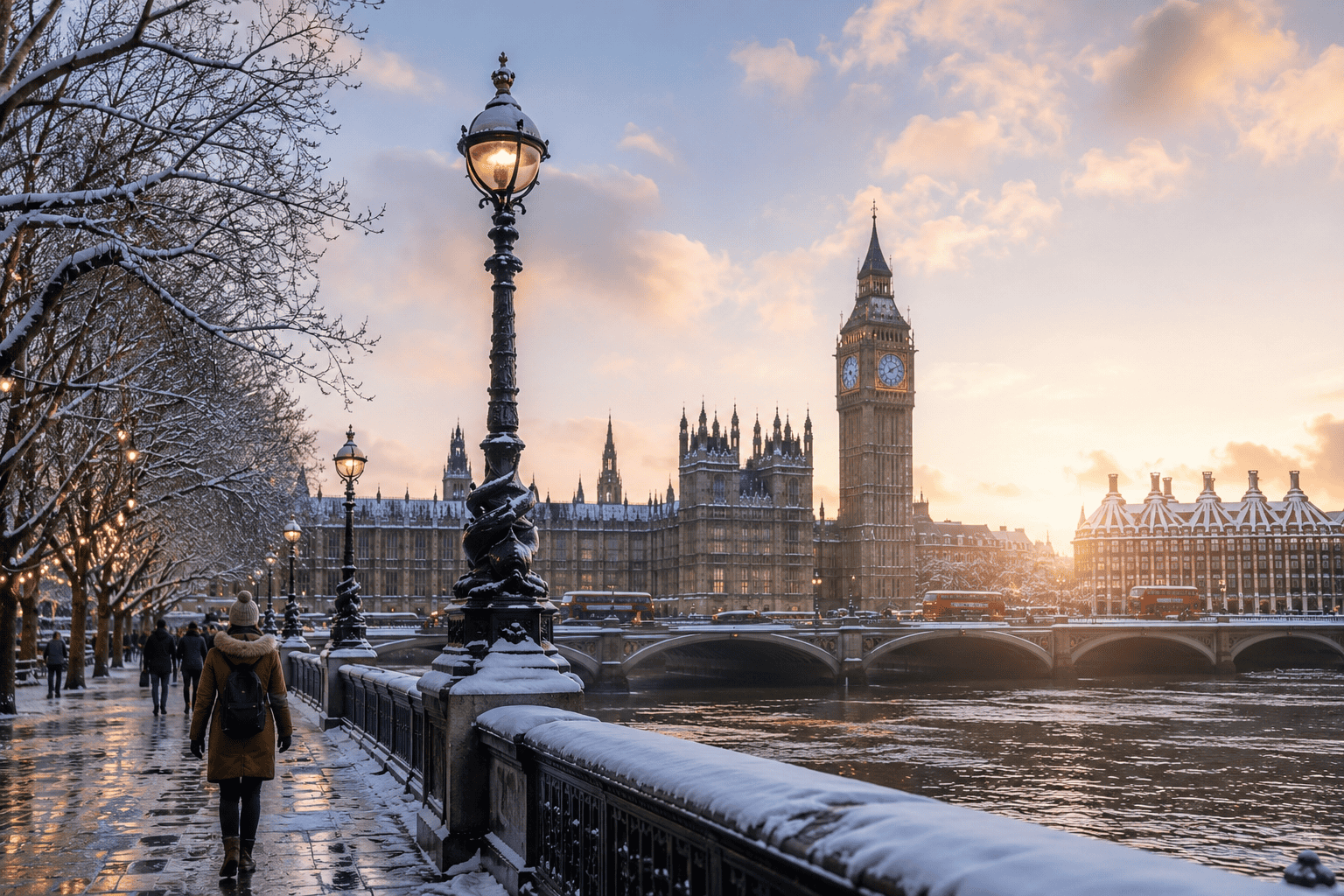 Generated image: Winter sunset along the Thames in London