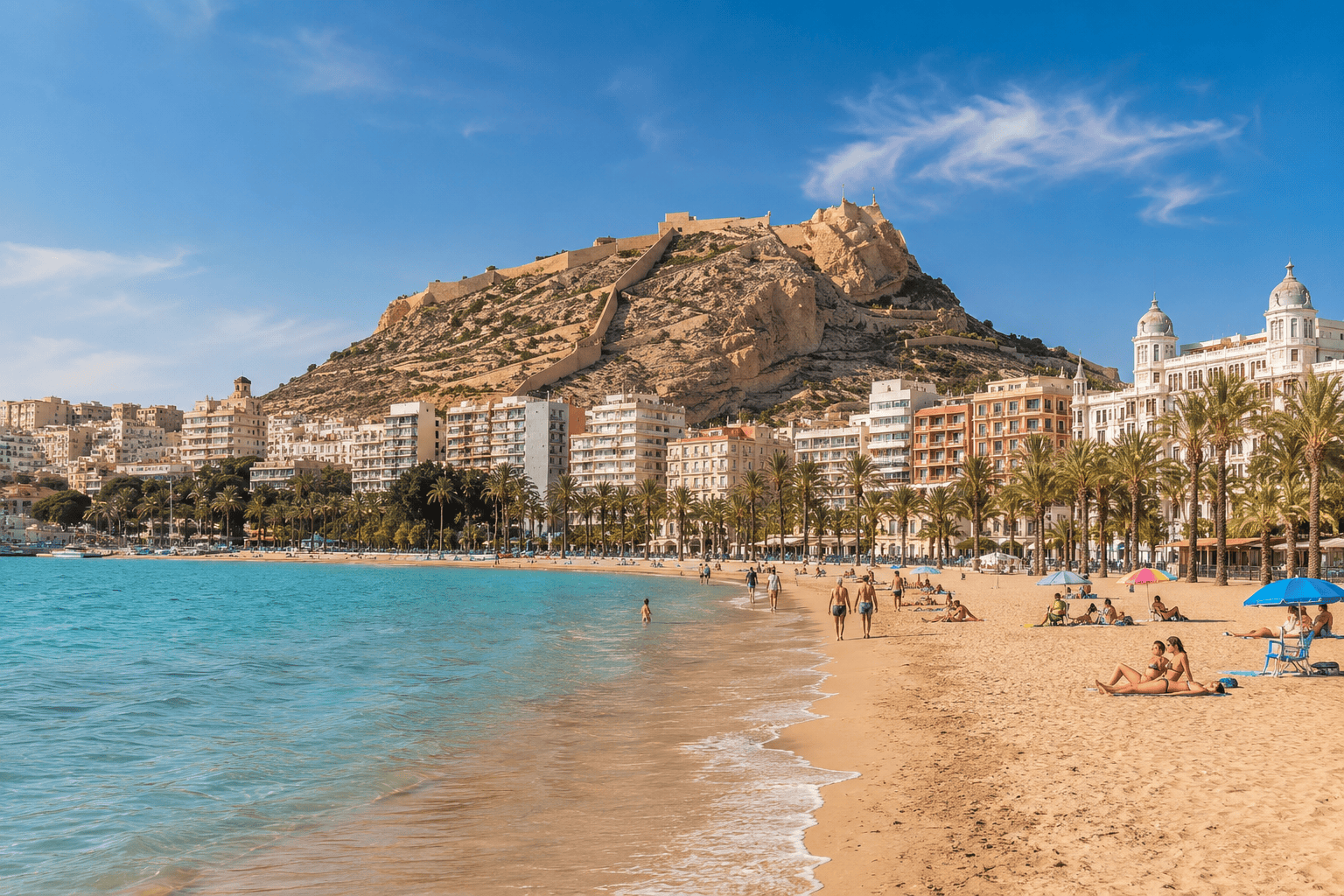 Sunny Mediterranean beach with fortress view