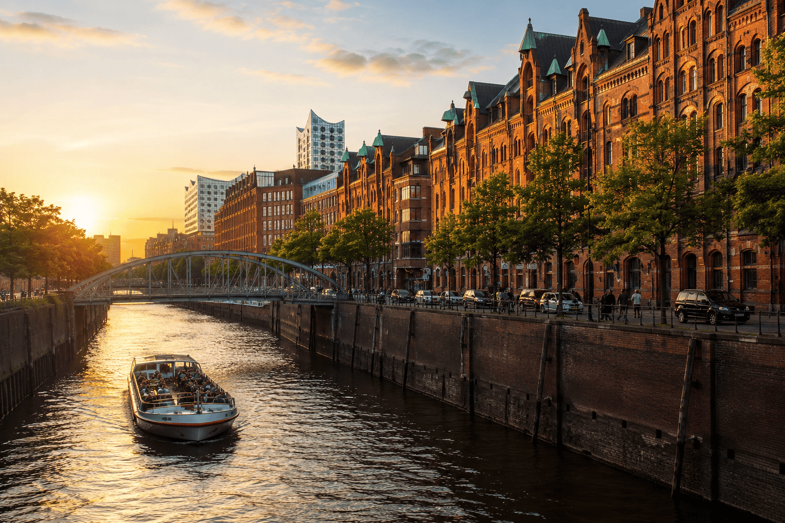 Hamburg canal at golden hour