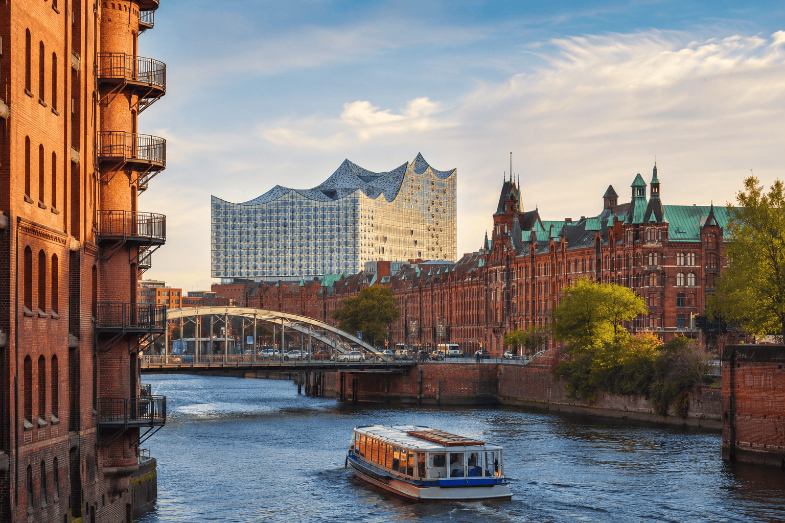 Hamburg waterfront at sunset