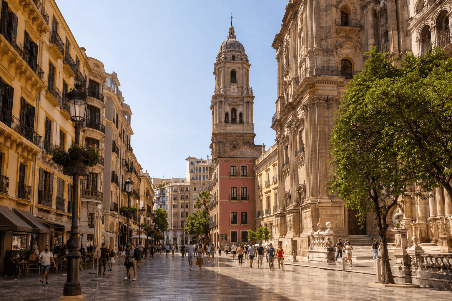 Sunlit plaza with vibrant architecture