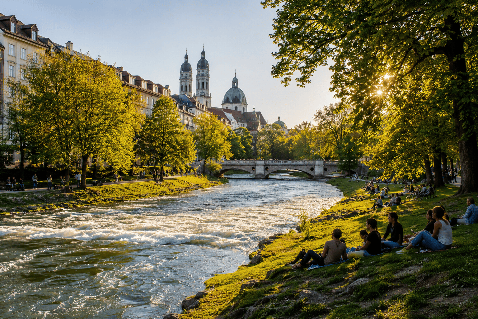 Munich riverside park and city views