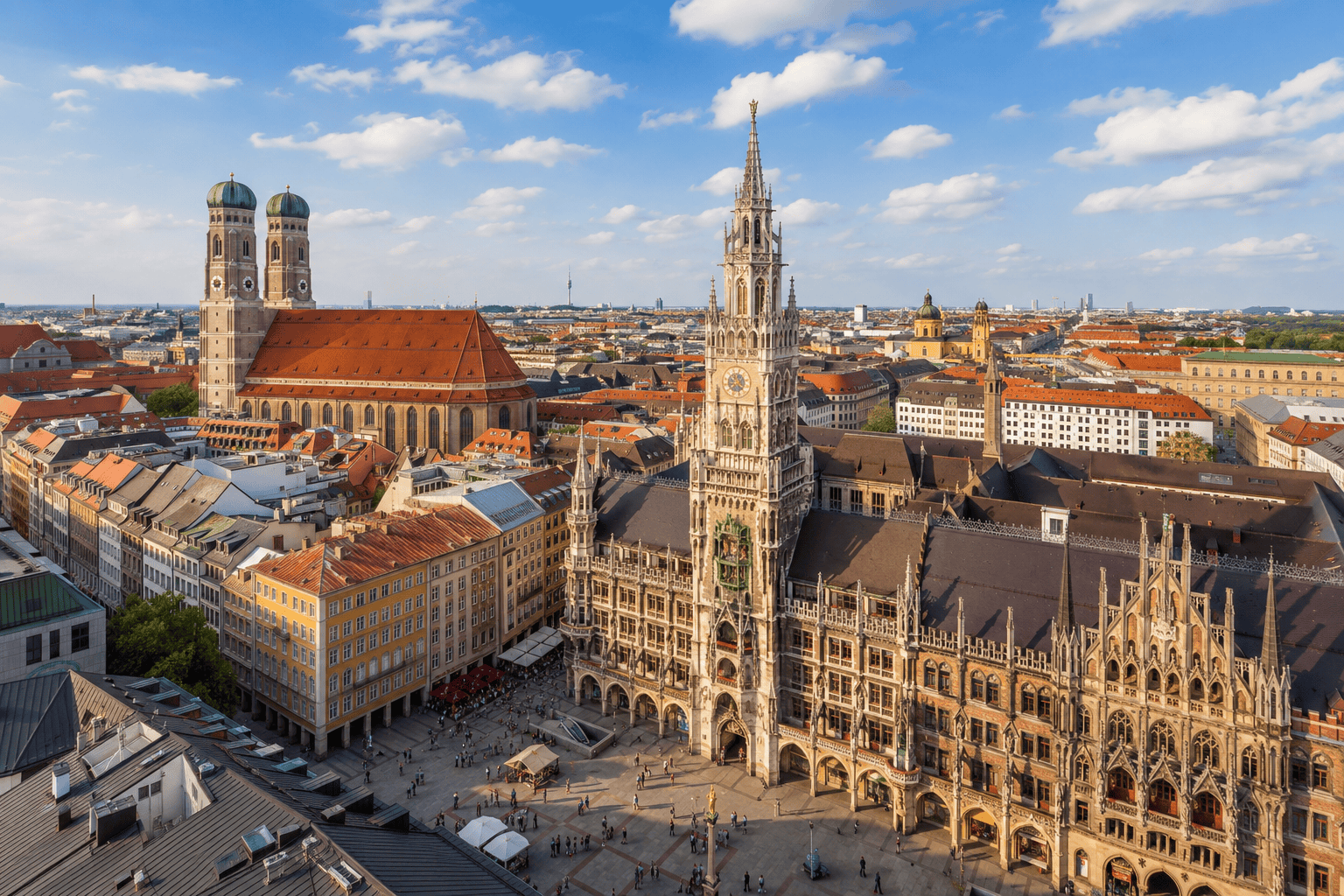 Historic Munich cityscape with vibrant rooftops