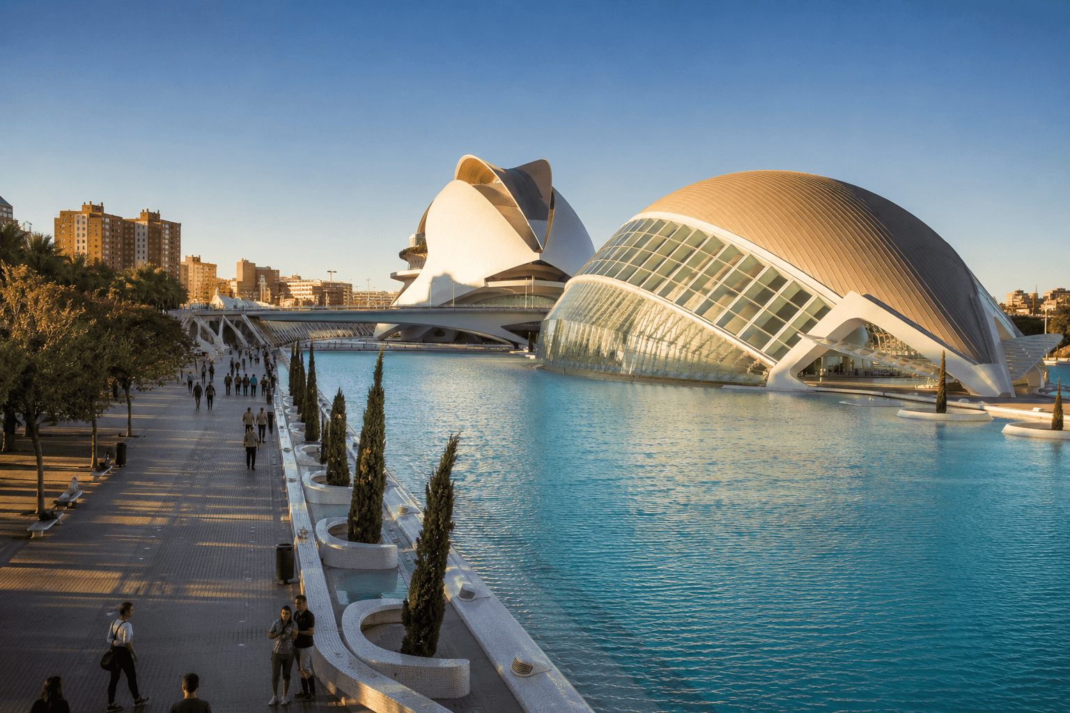 Futuristic cityscape with pedestrian promenade