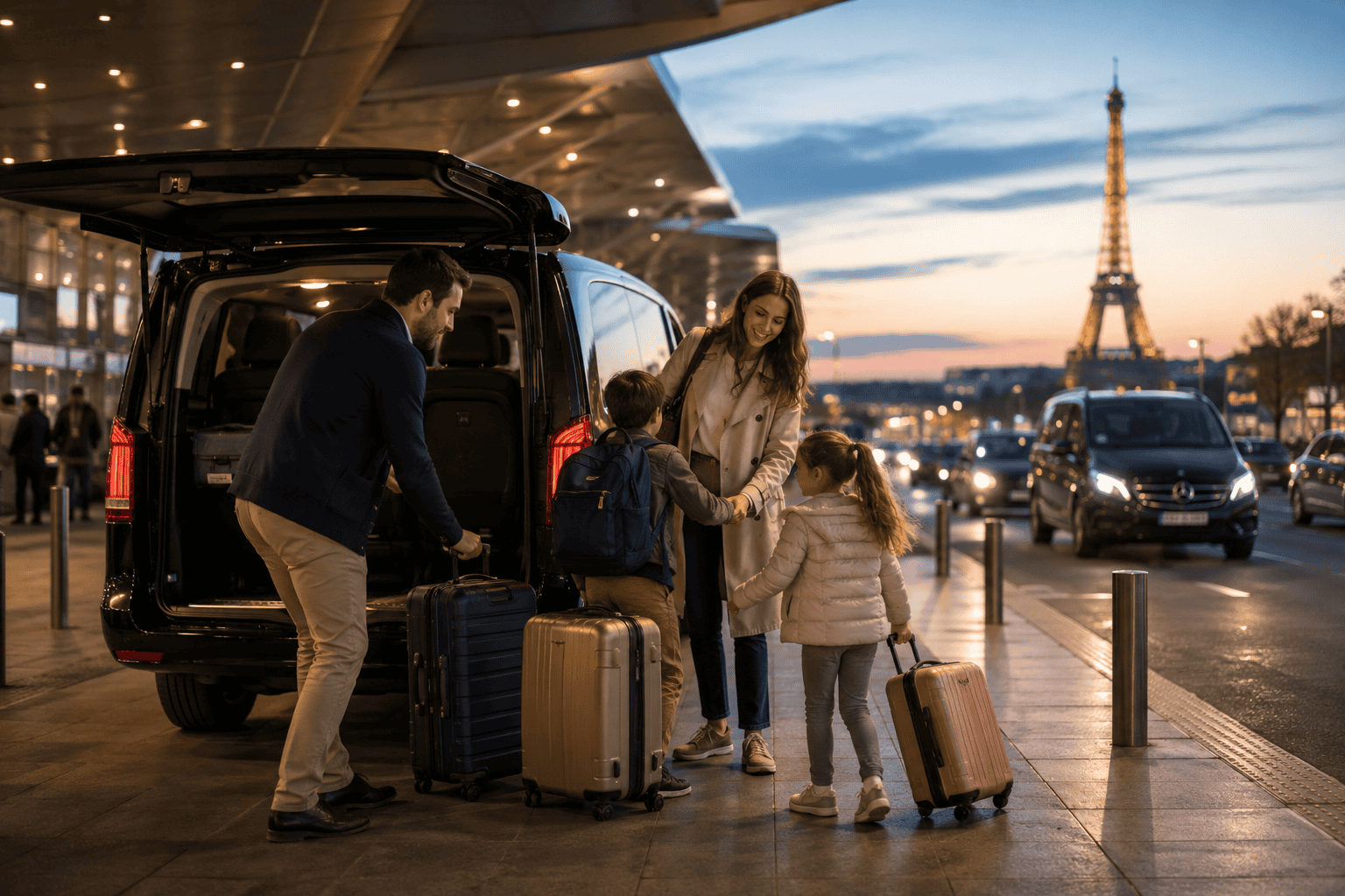 Family arrival at Paris airport at dusk