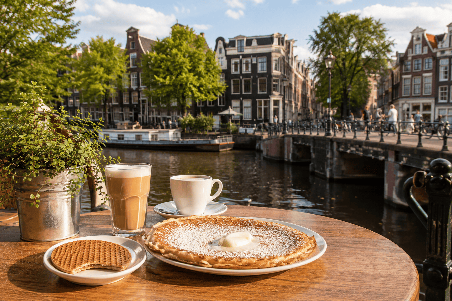 Sunny canal-side café in Amsterdam