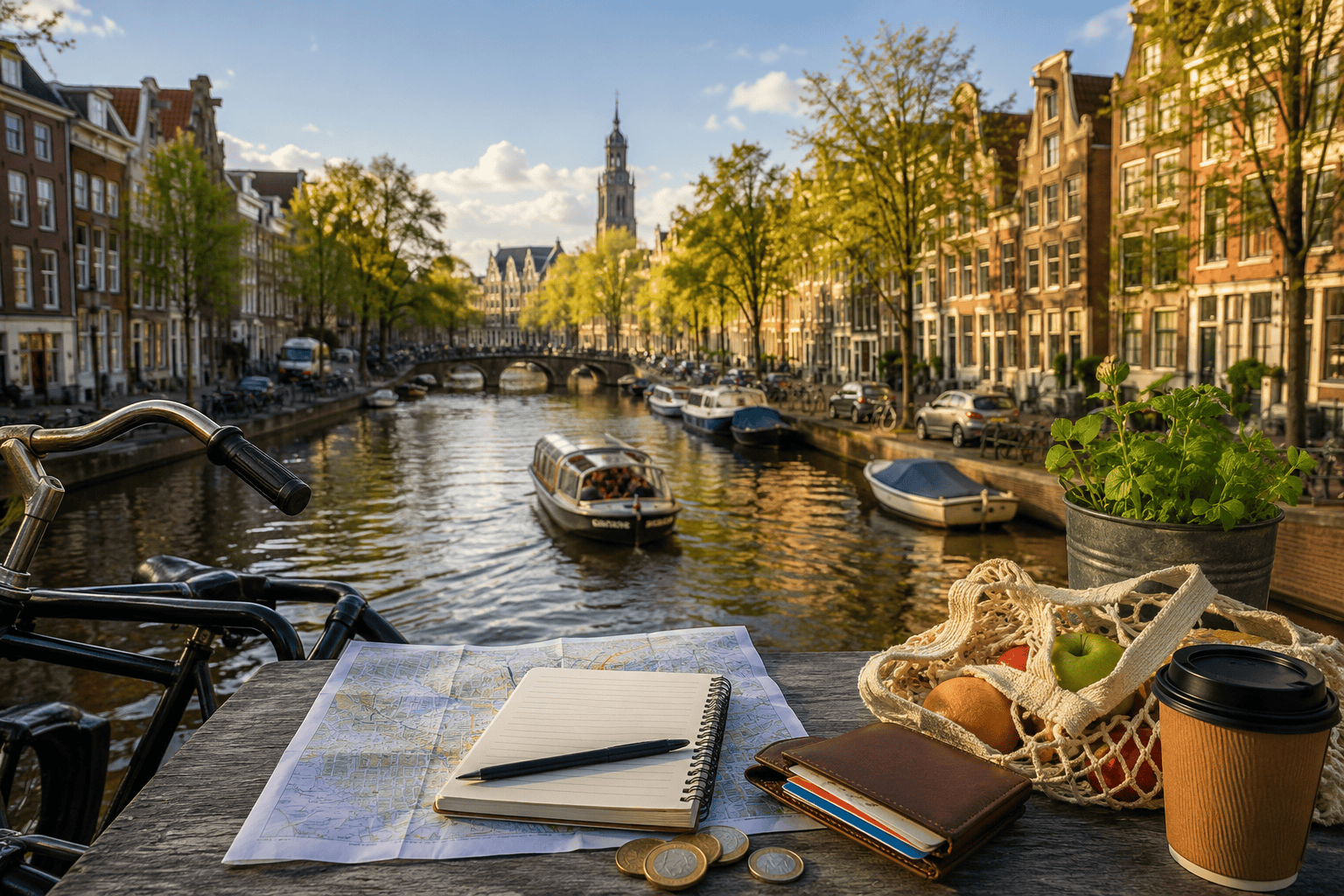 Golden hour canal view with travel essentials