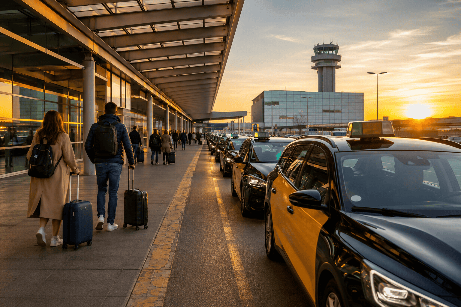 Airport curbside at sunset with taxis