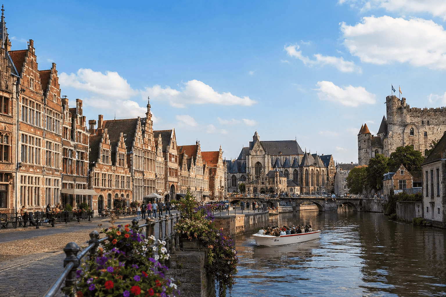 Historic Belgian city with canal and traditional architecture