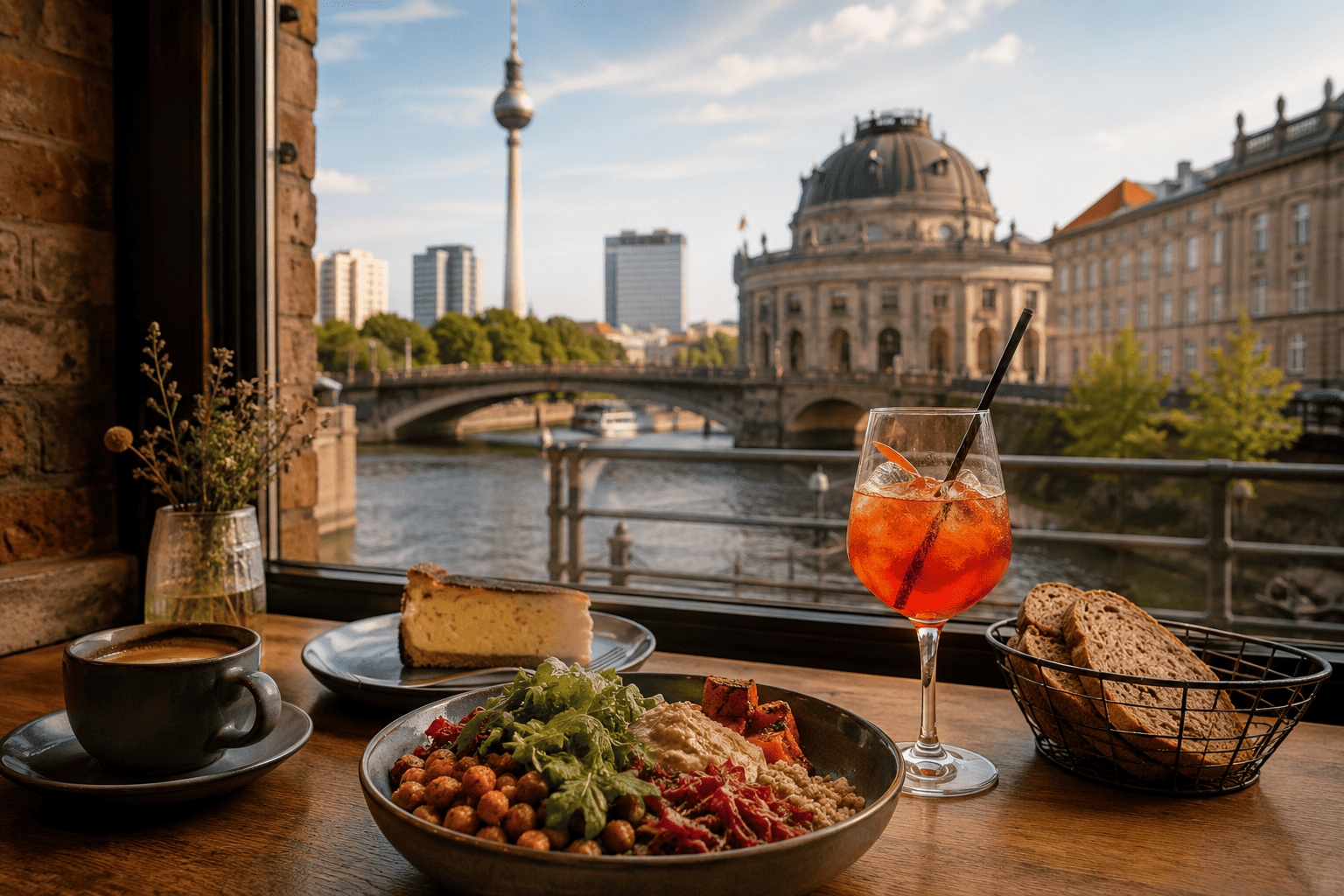 Berlin cafe with city skyline view