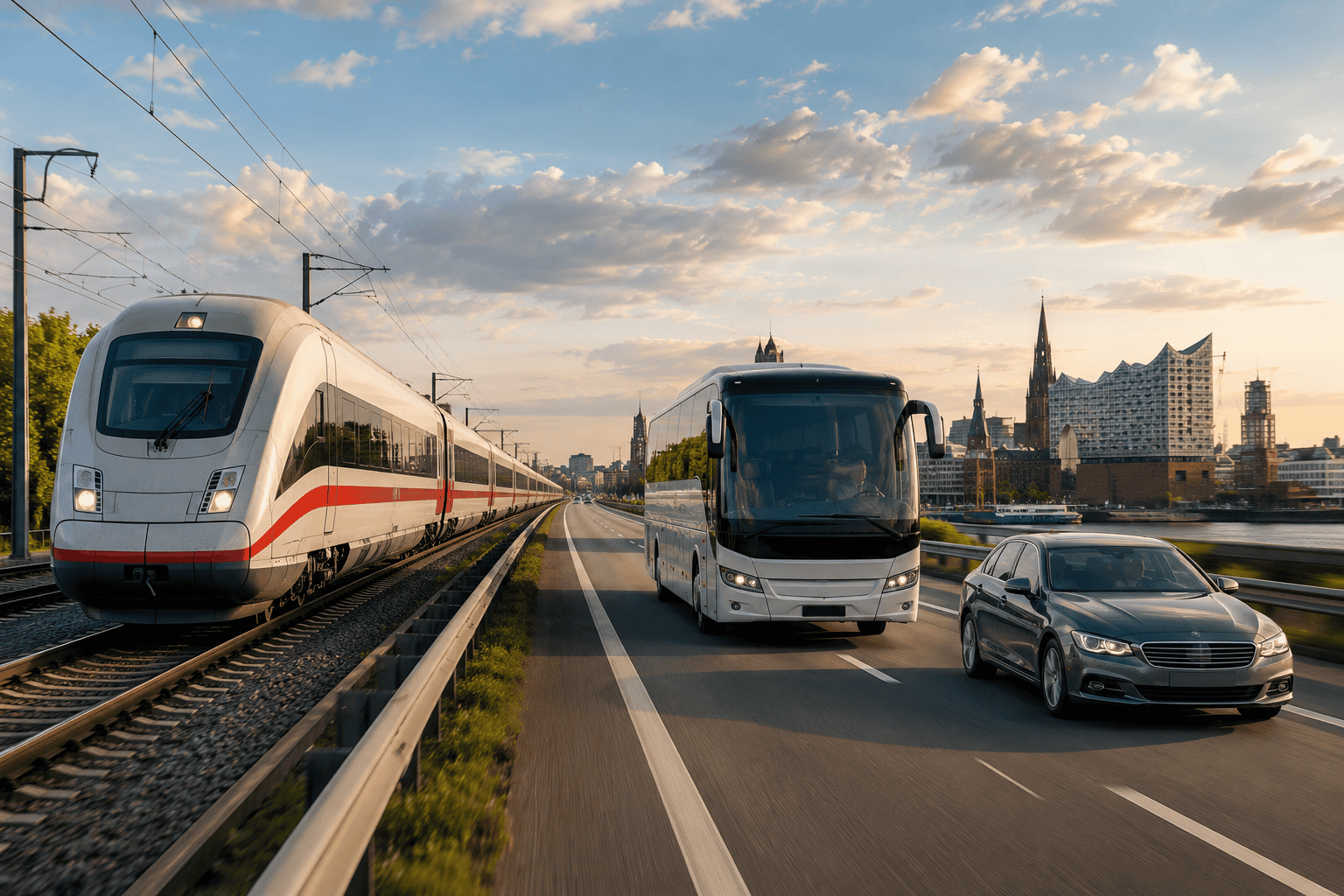 Train bus and car travel comparison between Berlin and Hamburg