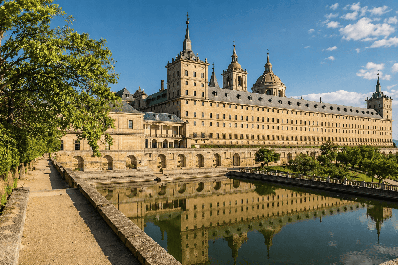 Historic palace with reflective pond