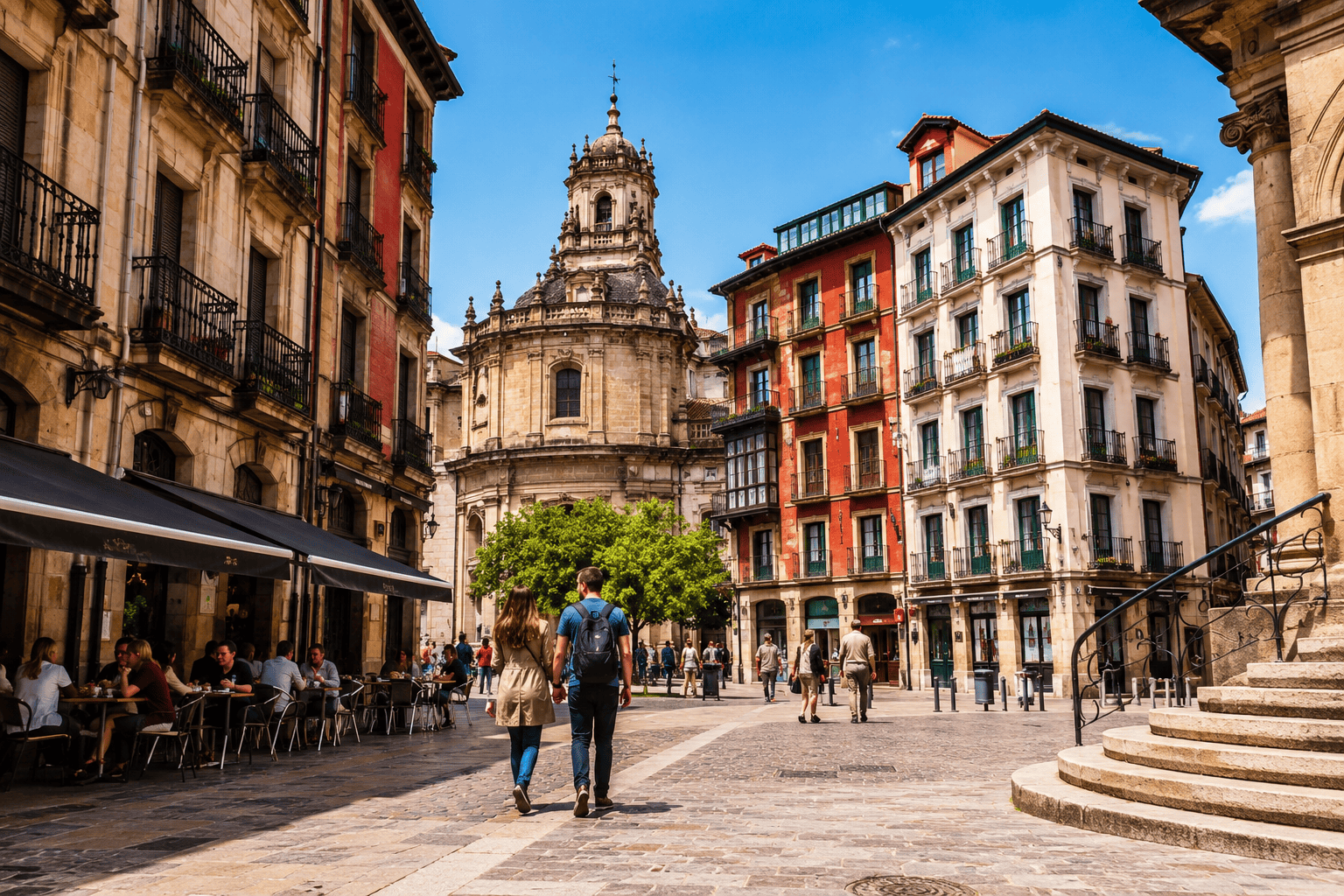 Sunlit European square with historic charm