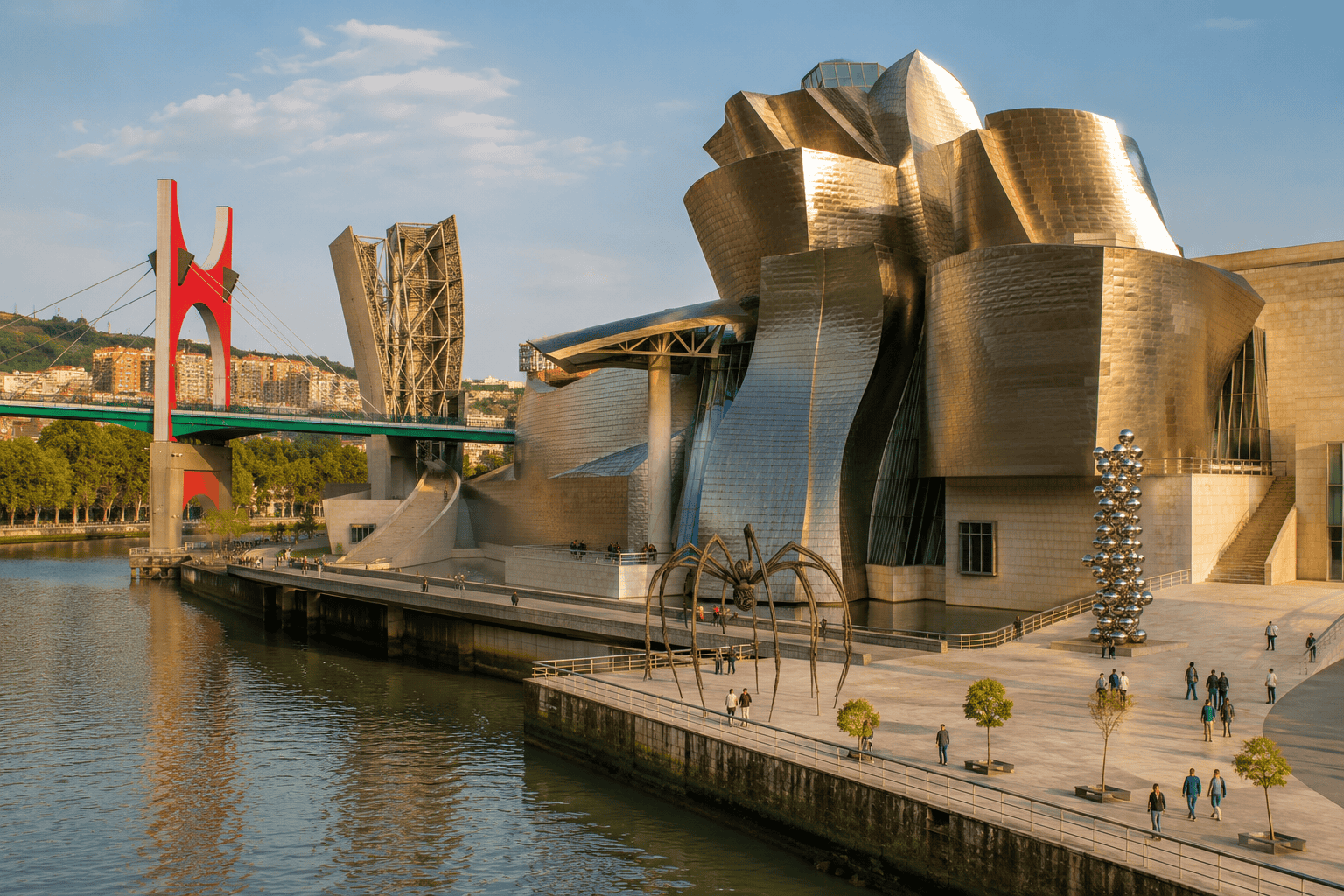 Modern sculptures along riverfront promenade