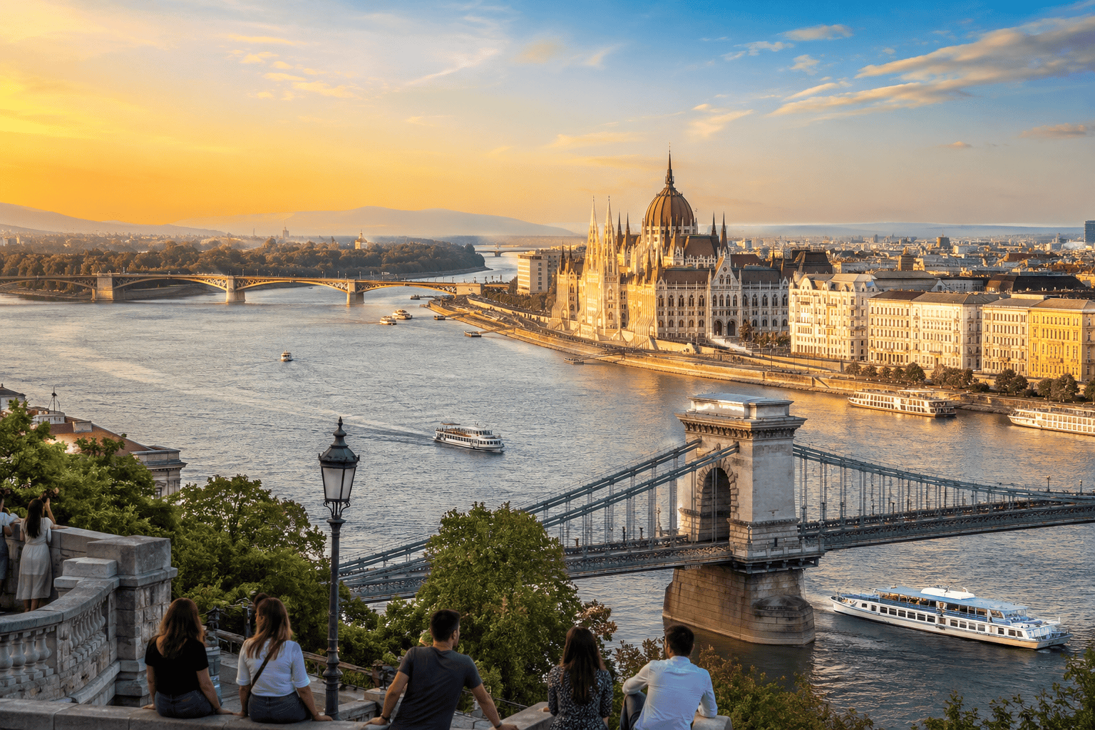 Golden hour in Budapest riverside view