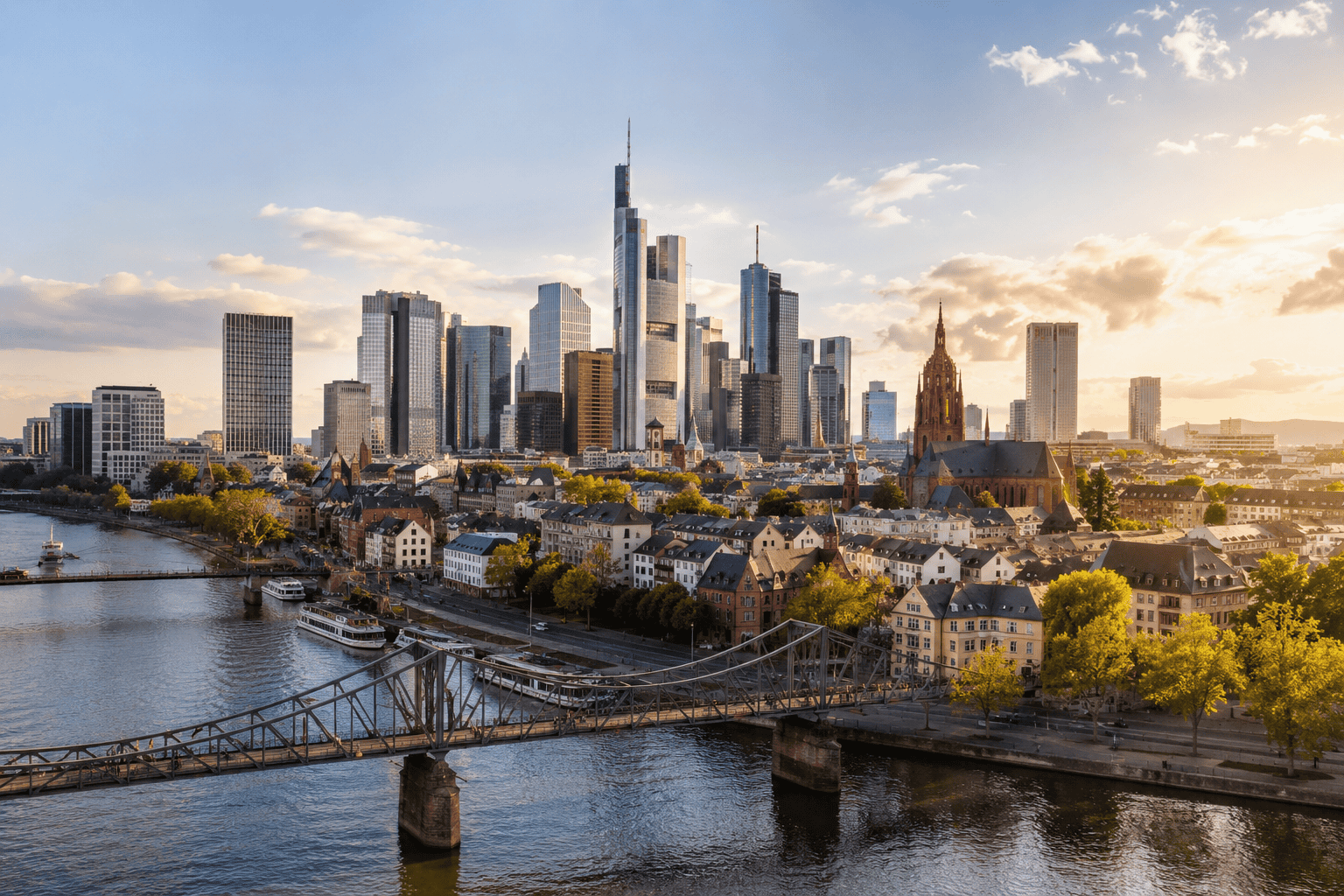 City skyline with river and bridge