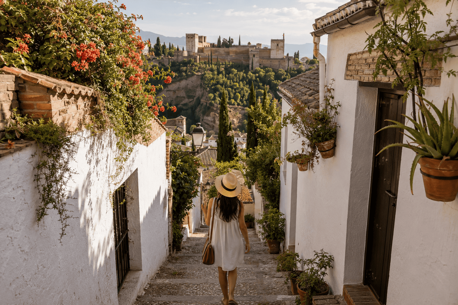 Sunny hillside alley with historical backdrop