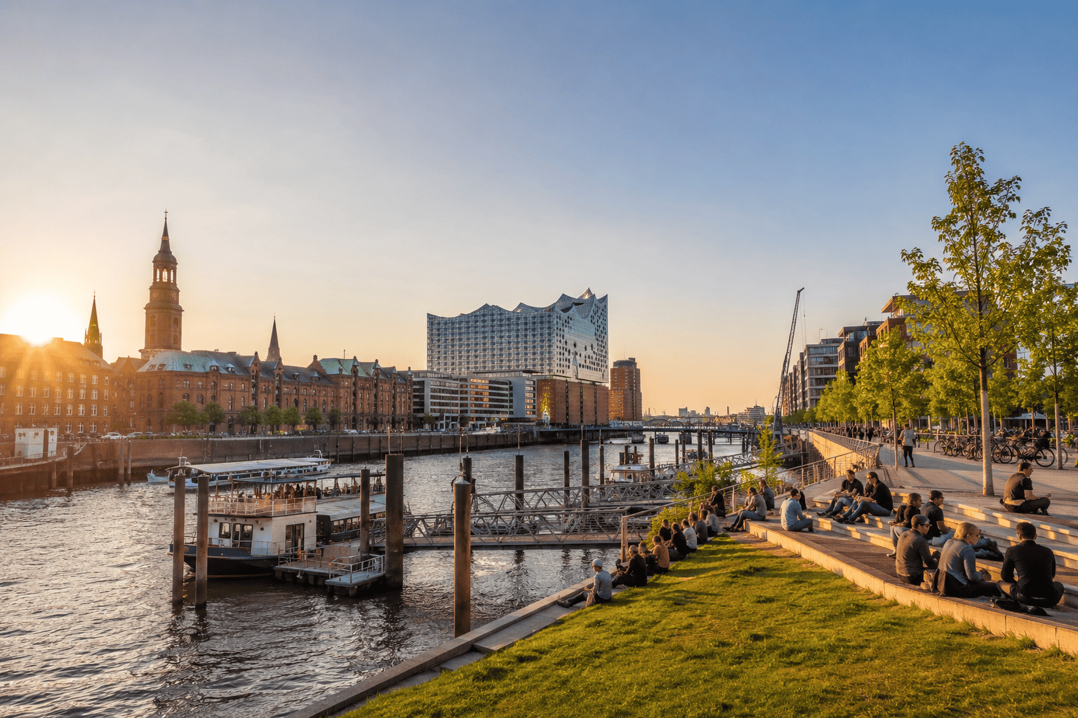 Hamburg harbor promenade at golden hour