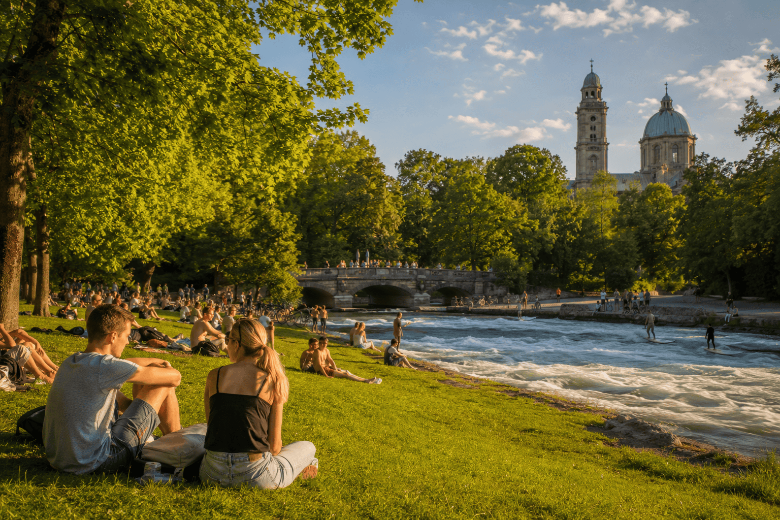 Relaxing riverside scene in Munich during summer