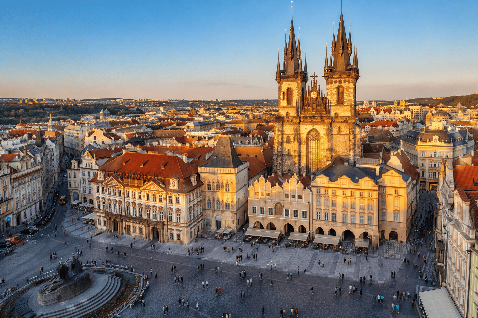 Historic square in Prague during golden hour