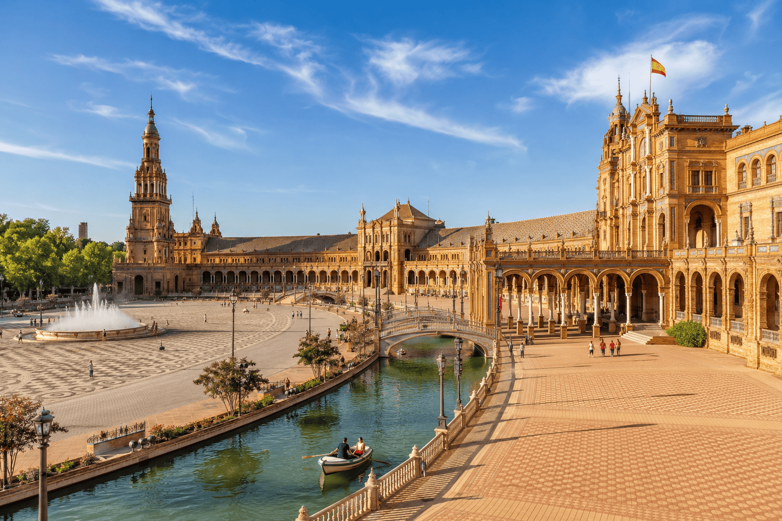 Historic plaza with canal and arches