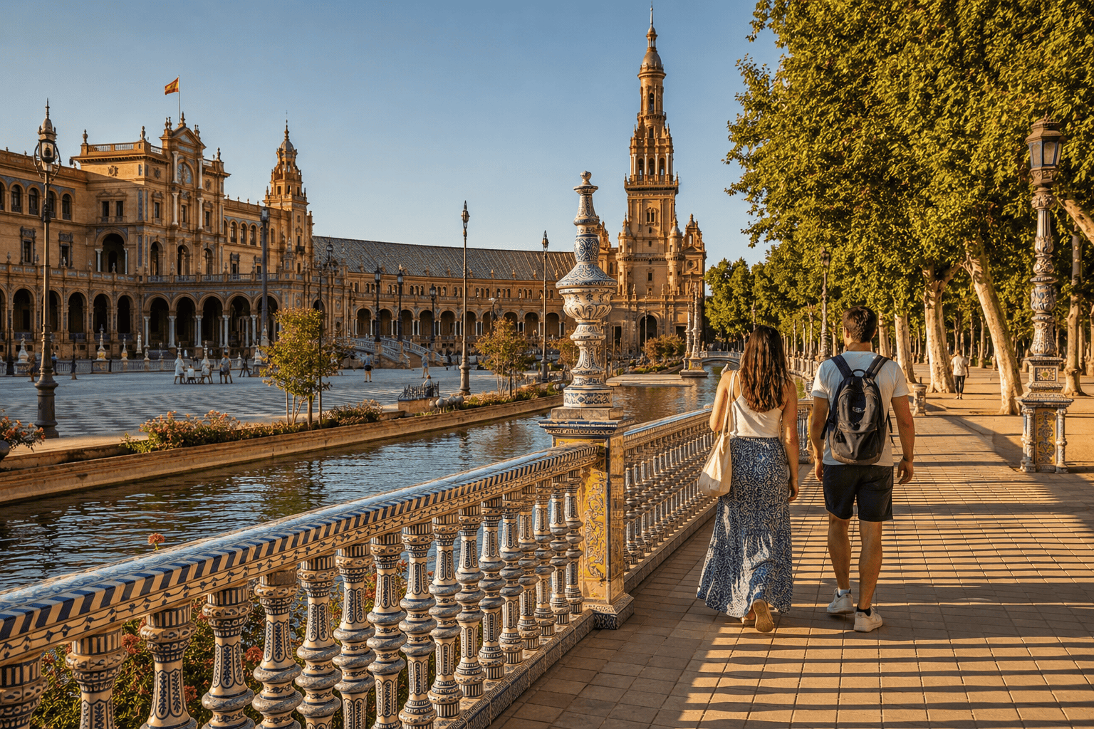Golden hour at Seville's riverside promenade
