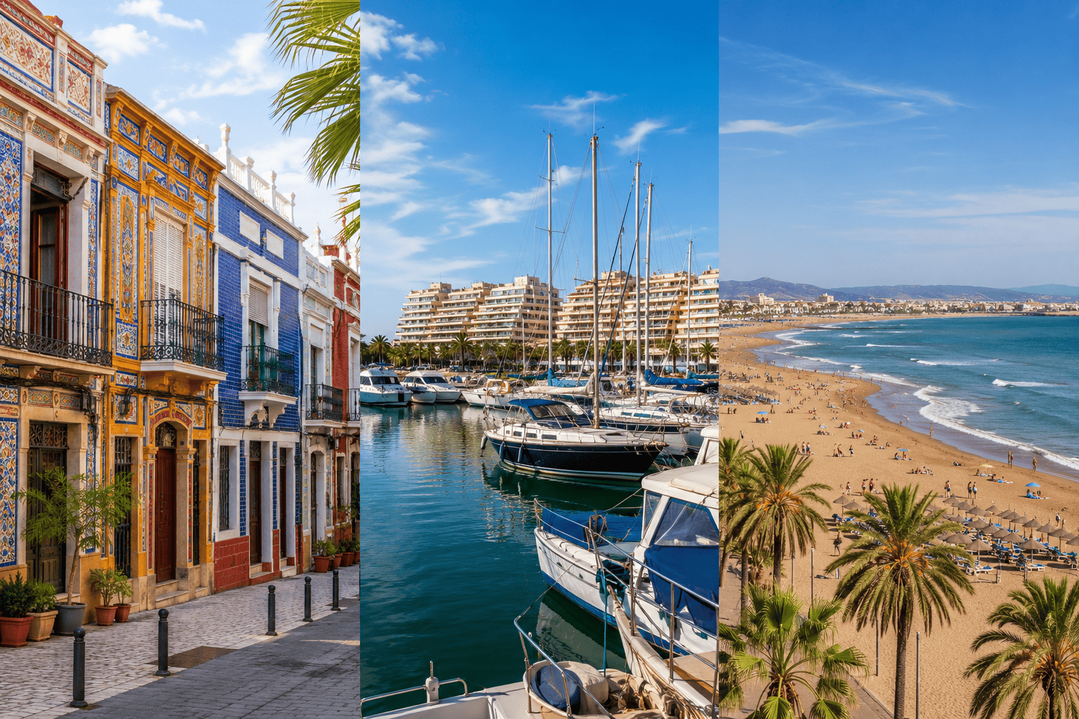 Coastal city with marina and beach