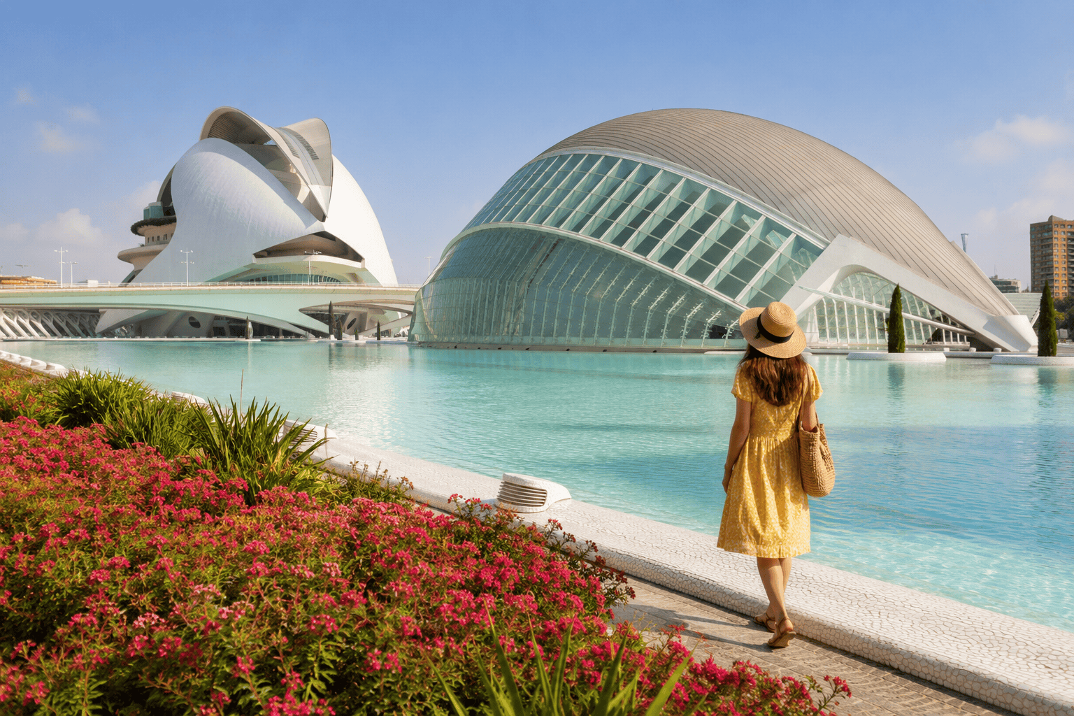 Modern architecture and tranquil waterscape