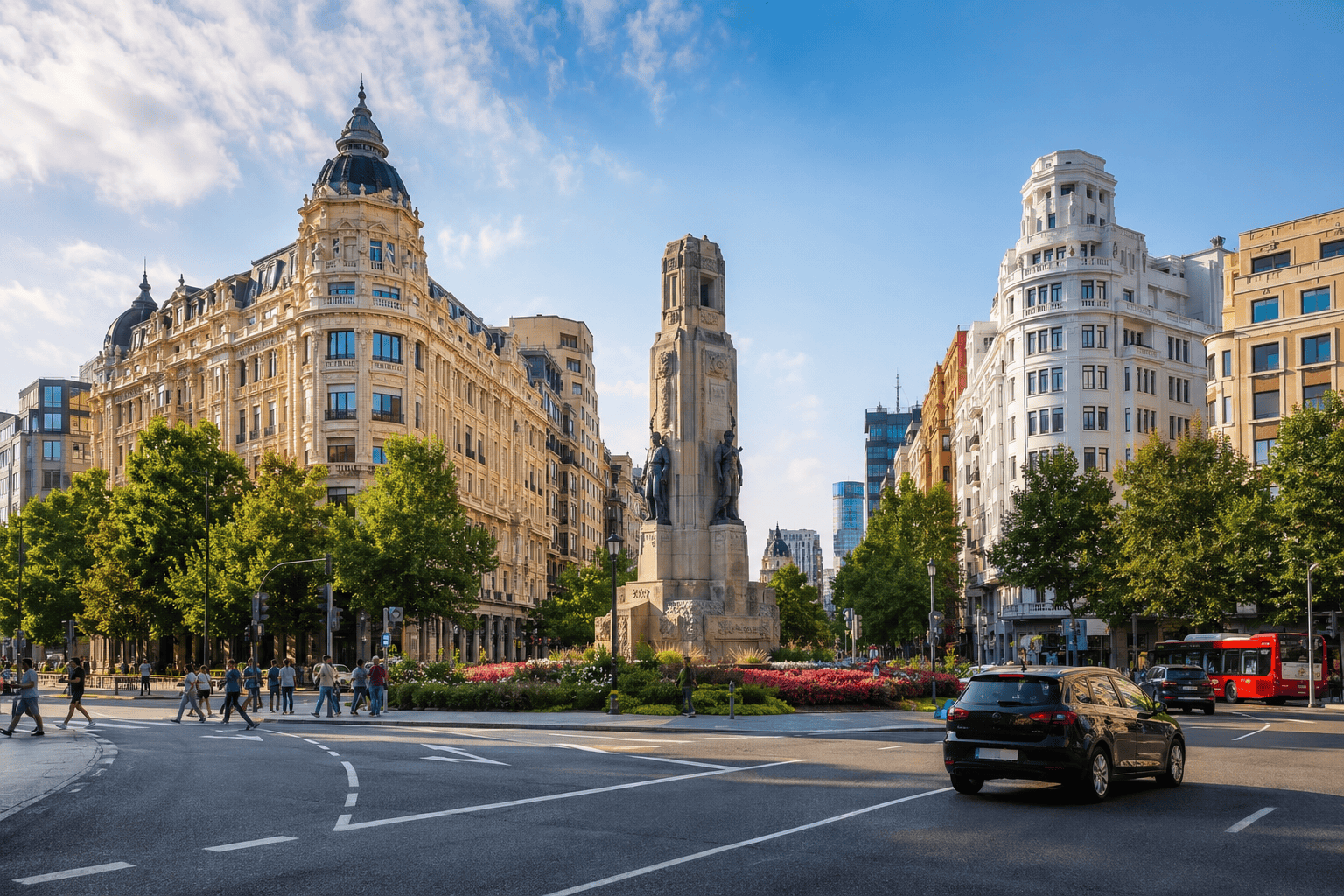 Bustling city plaza with historic monument