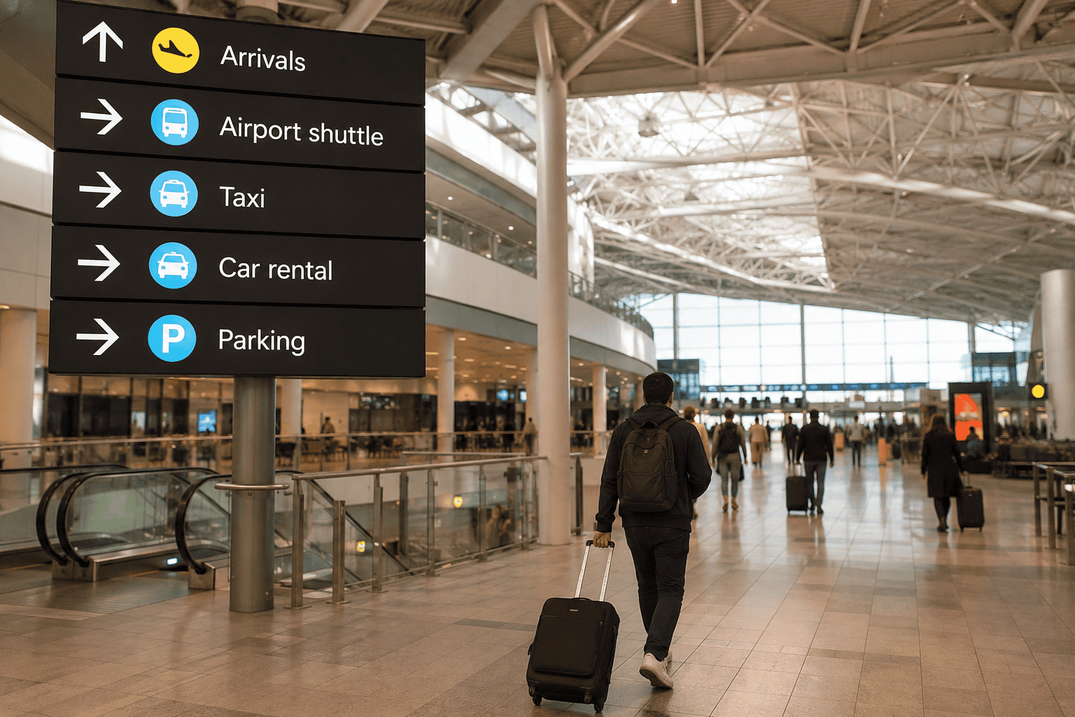 Modern airport terminal with directional signage