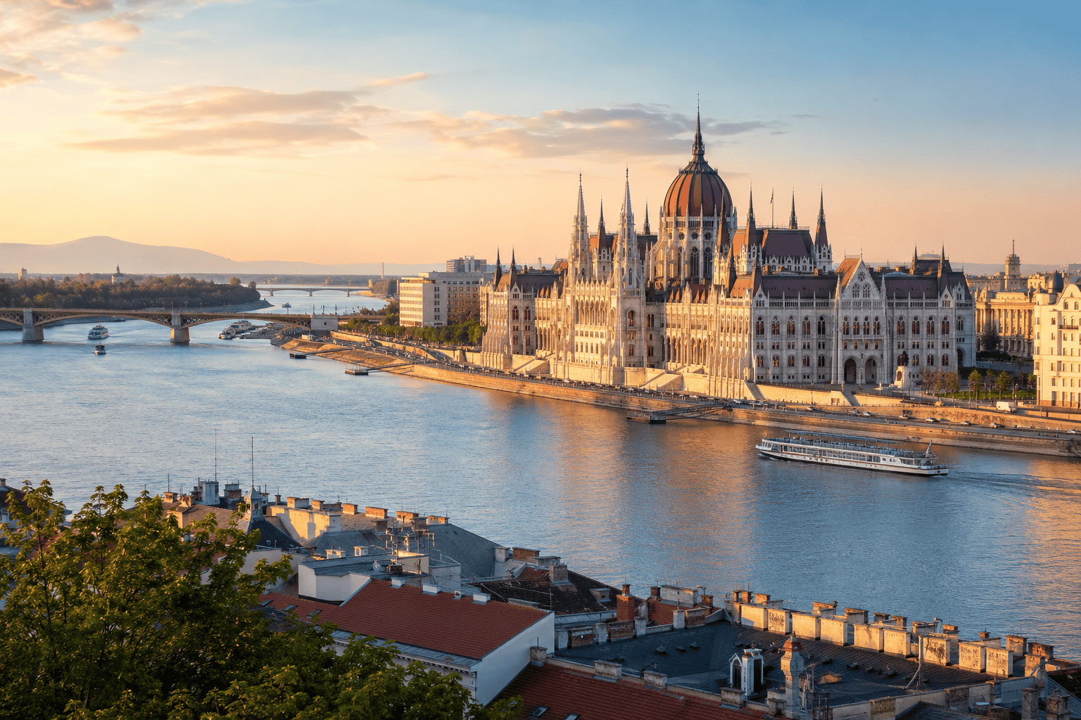 Budapest Parliament and Danube River at sunset