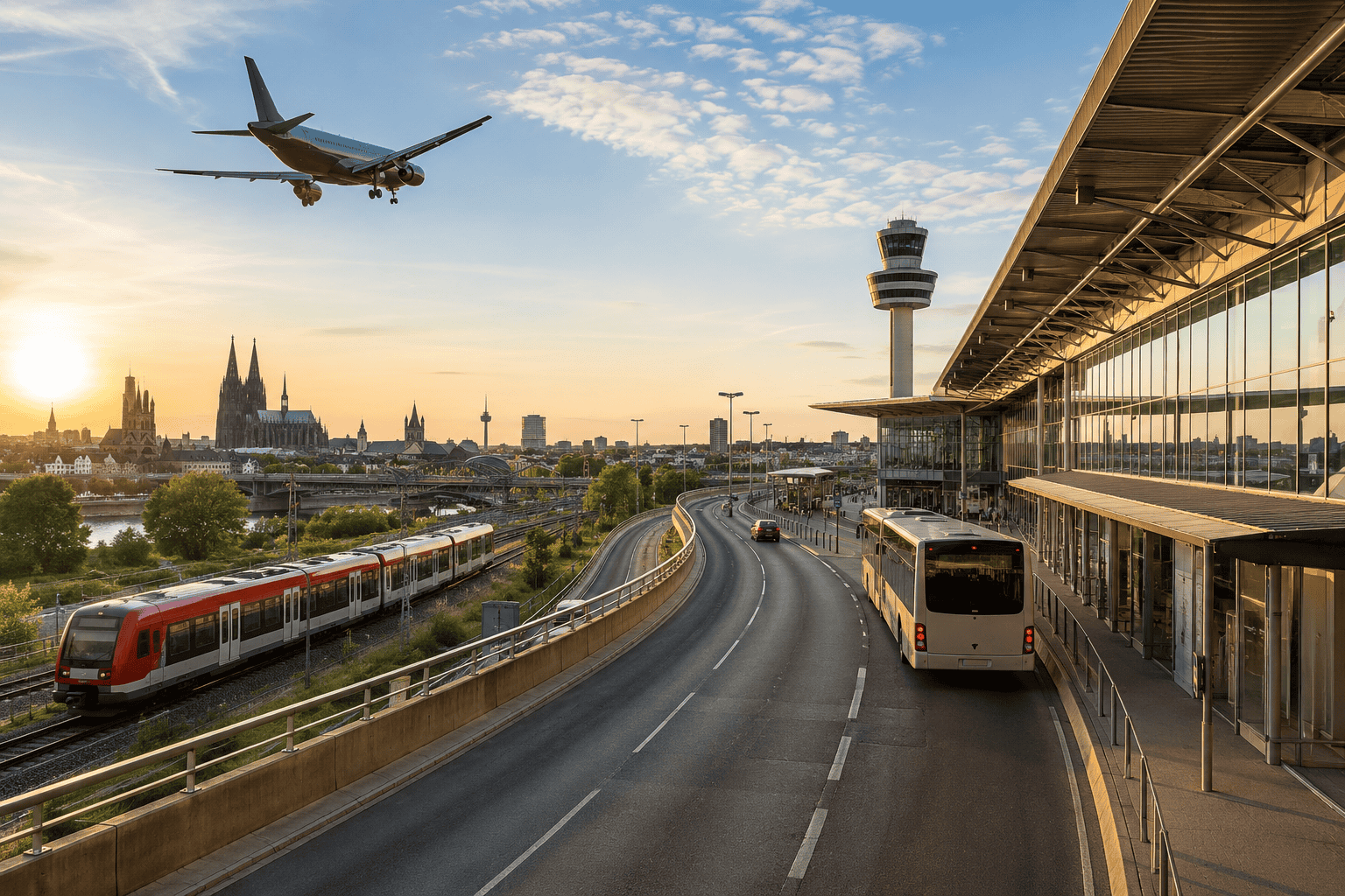 Airport terminal and Cologne skyline at dusk