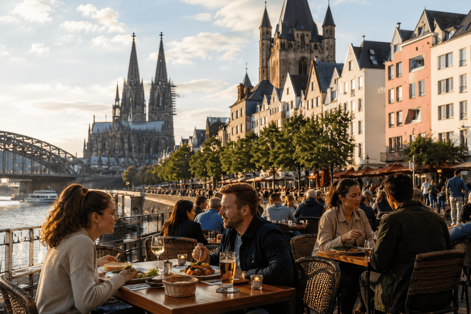 Outdoor dining scene in Cologne