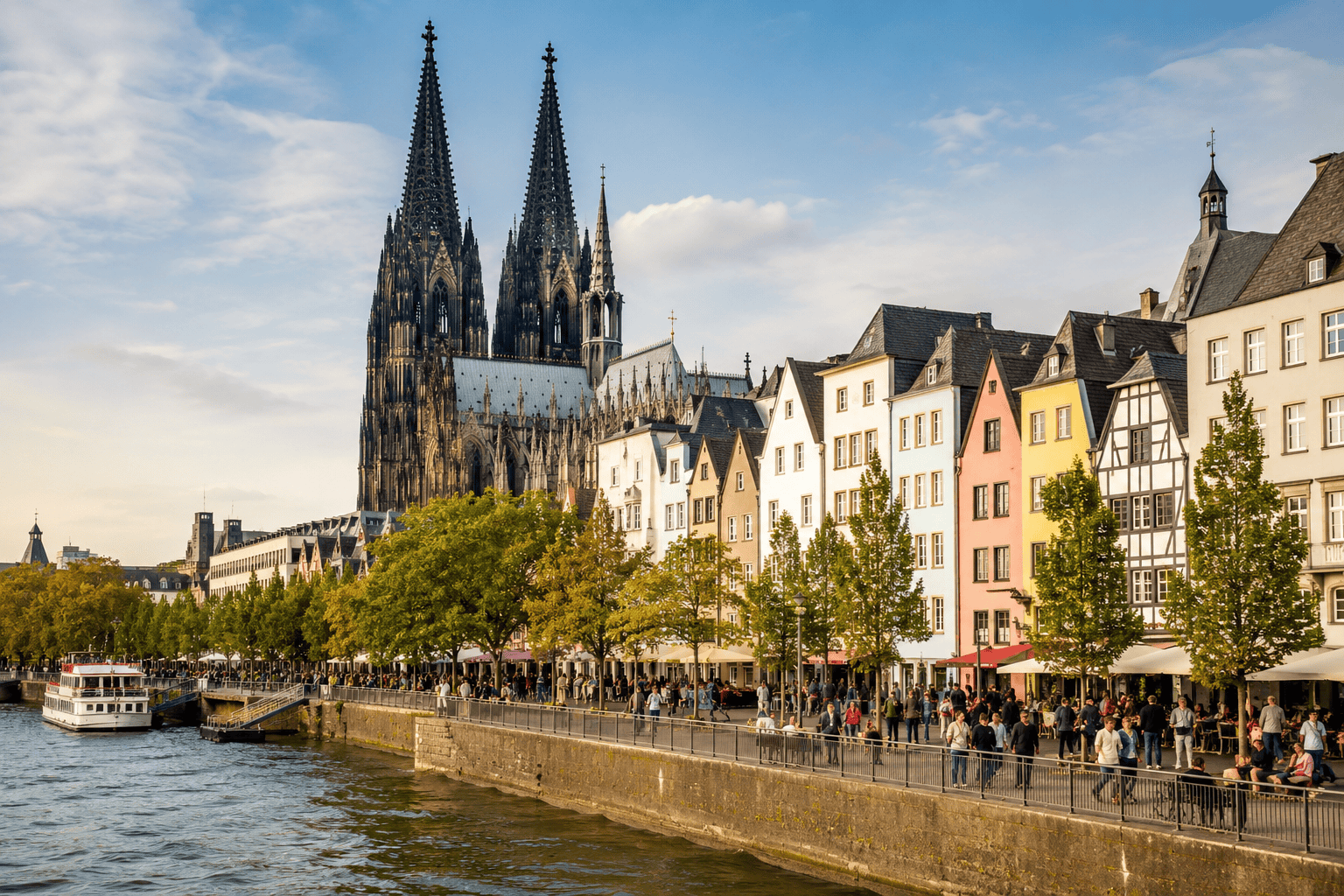 Riverside promenade with cathedral skyline