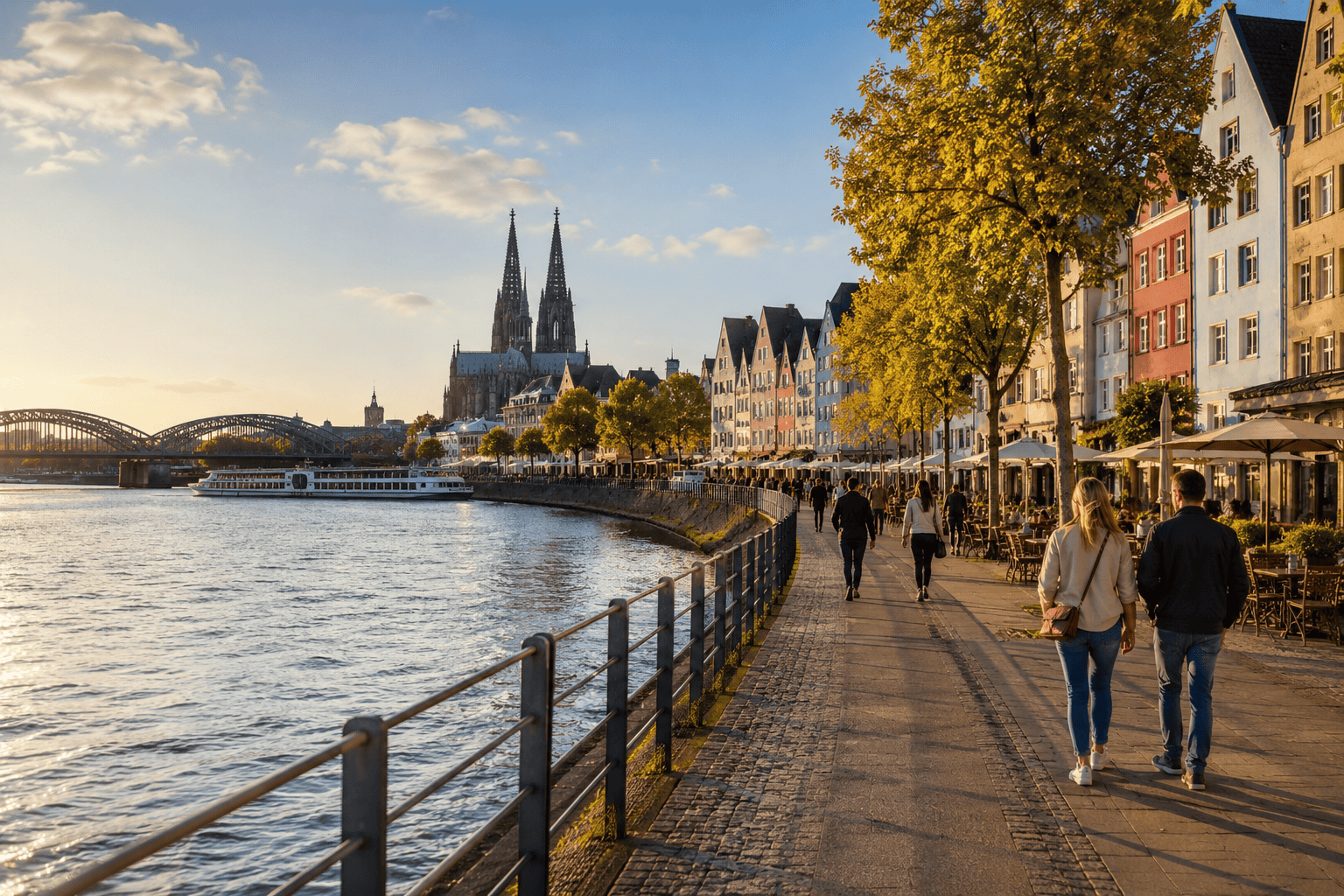 Riverside promenade at golden hour