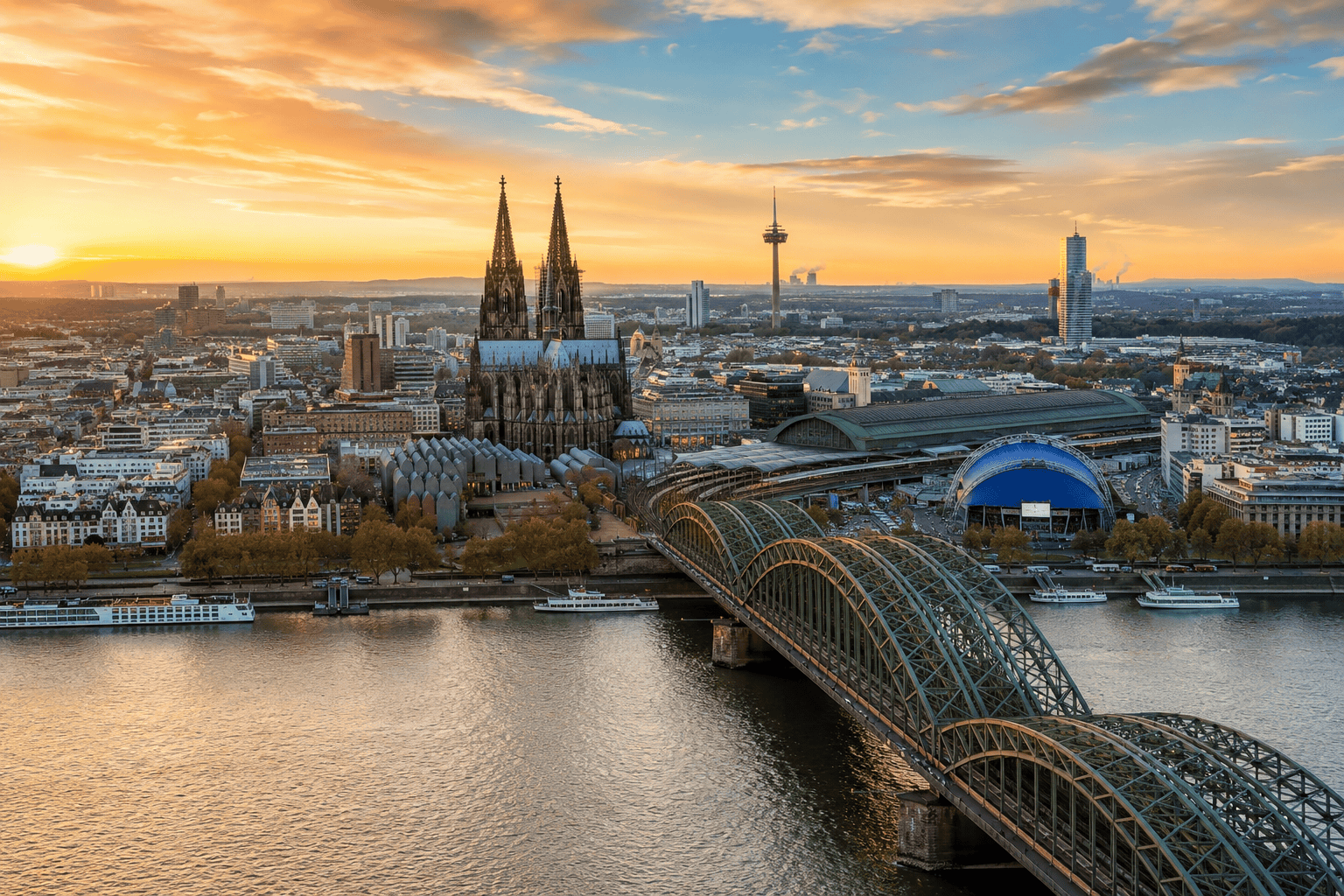 Golden-hour cityscape with Gothic cathedral