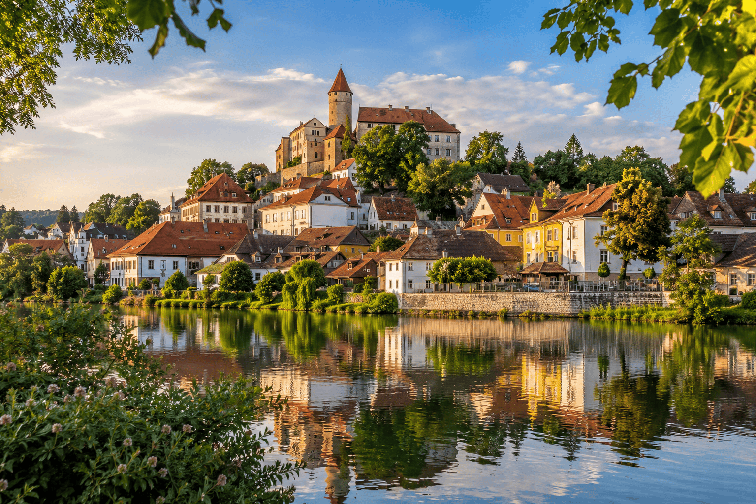 Generated image: Lakeside village at golden hour