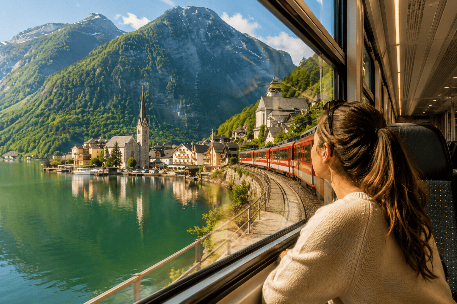 Generated image: Scenic lakeside view from the train