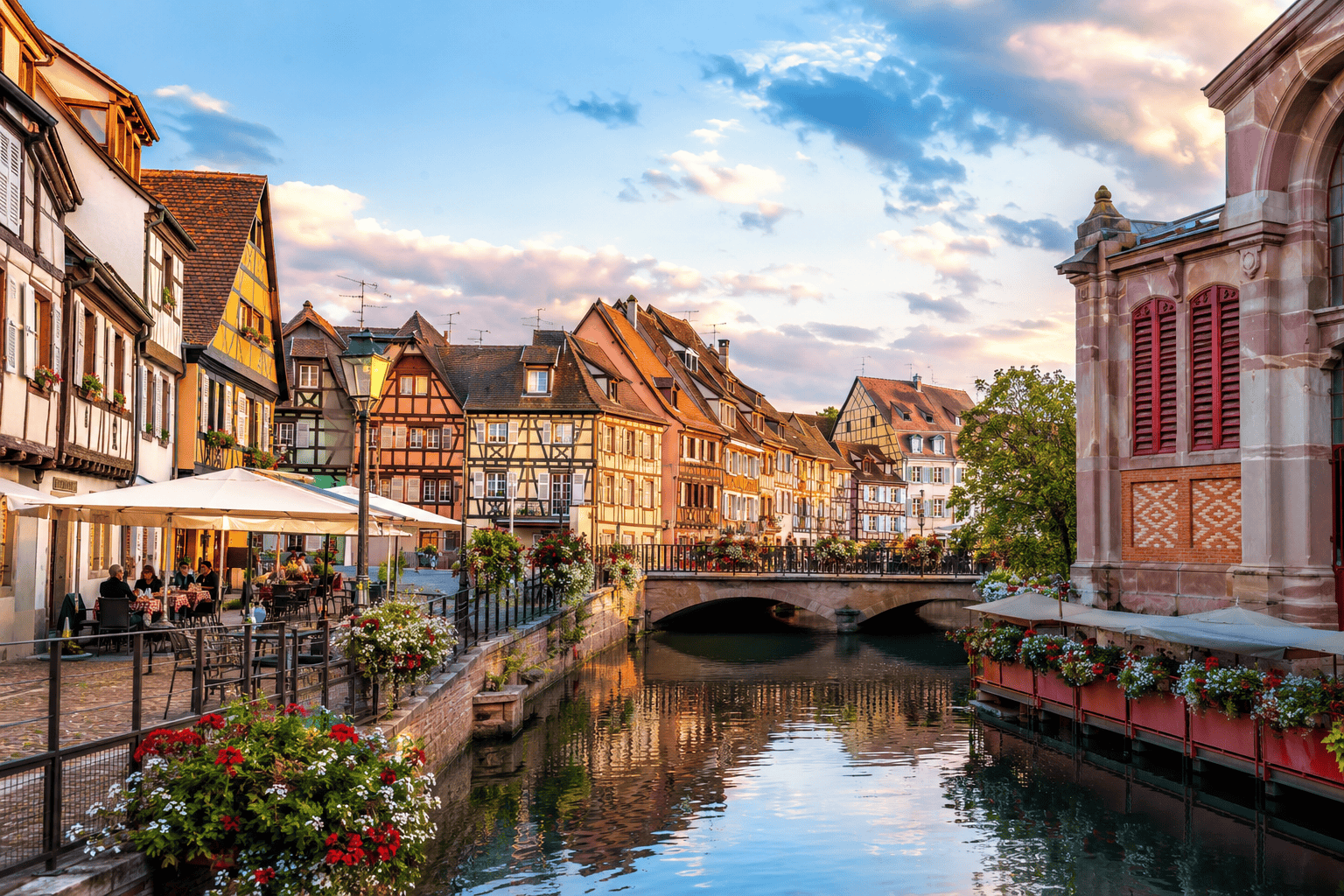 Charming canal town at sunset