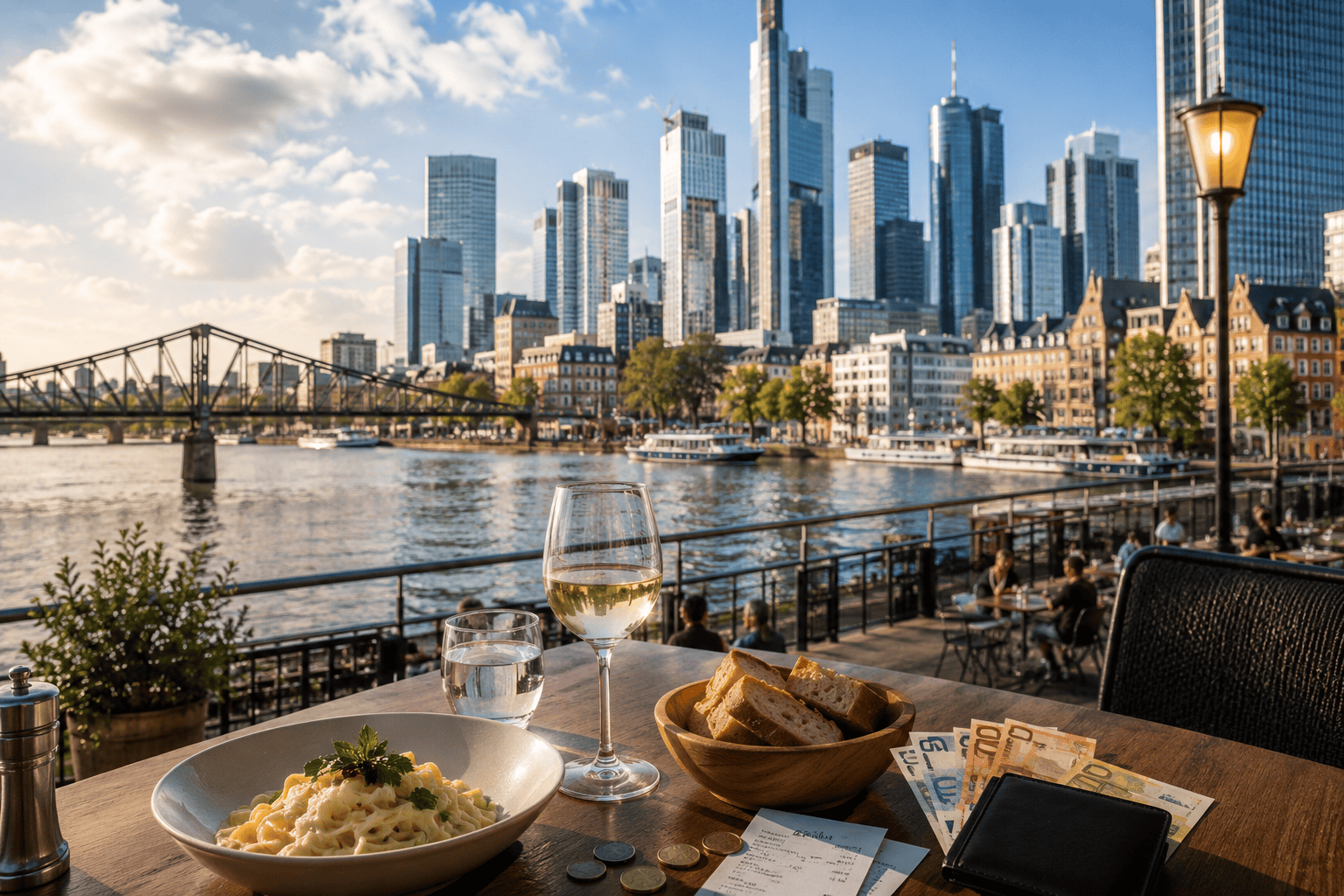 Frankfurt waterfront dining with skyline views