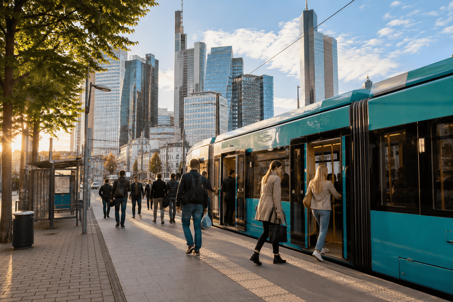 Urban tram stop with commuters and skyline