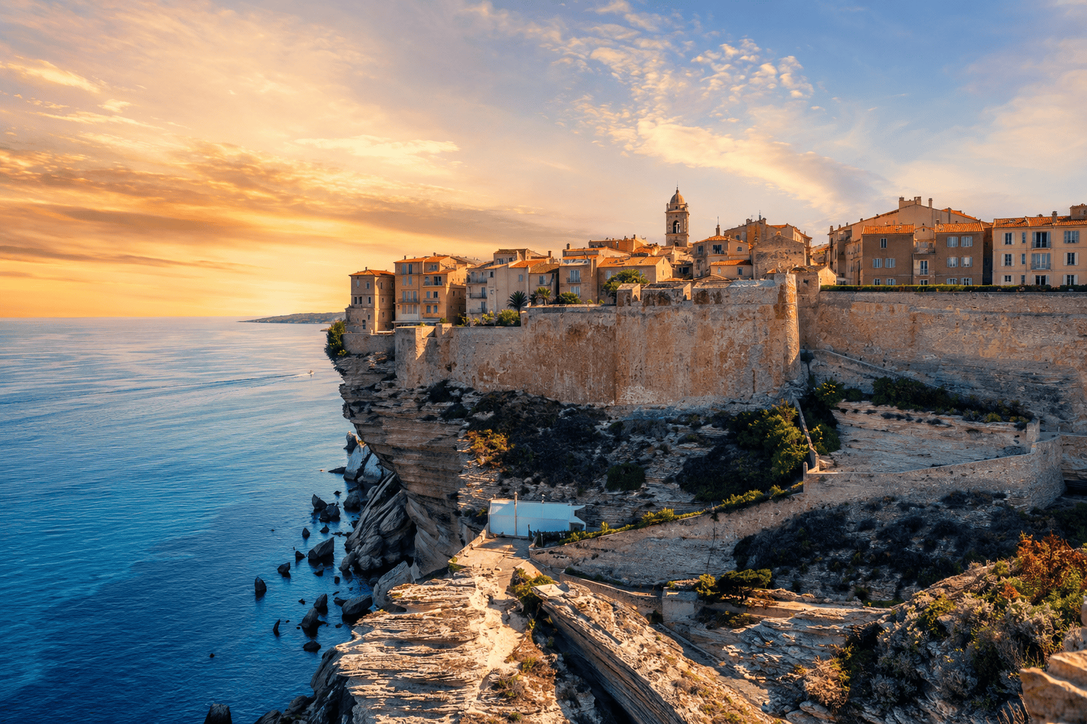Mediterranean sunset over coastal town