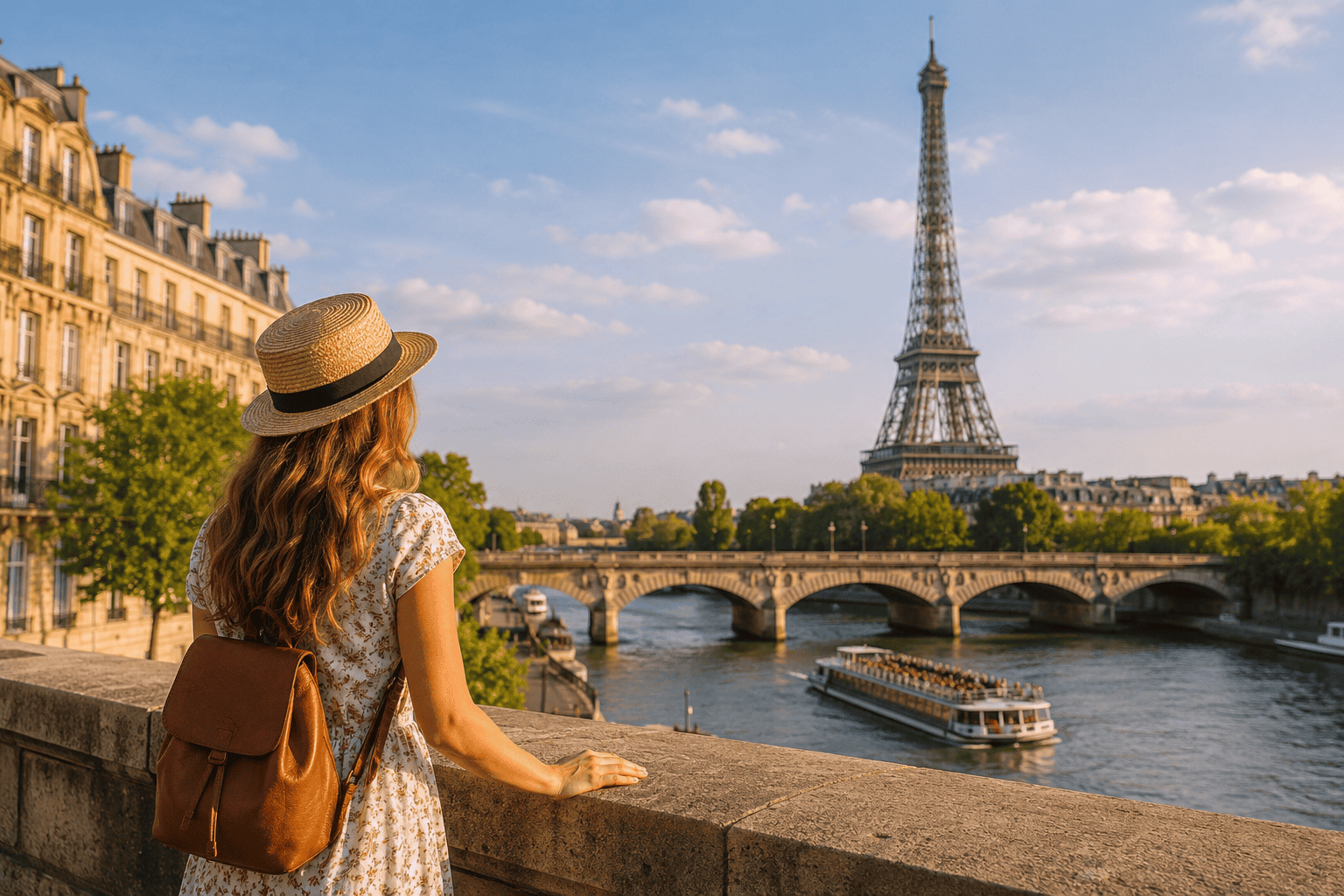 Vue de Paris au bord de la Seine au coucher du soleil